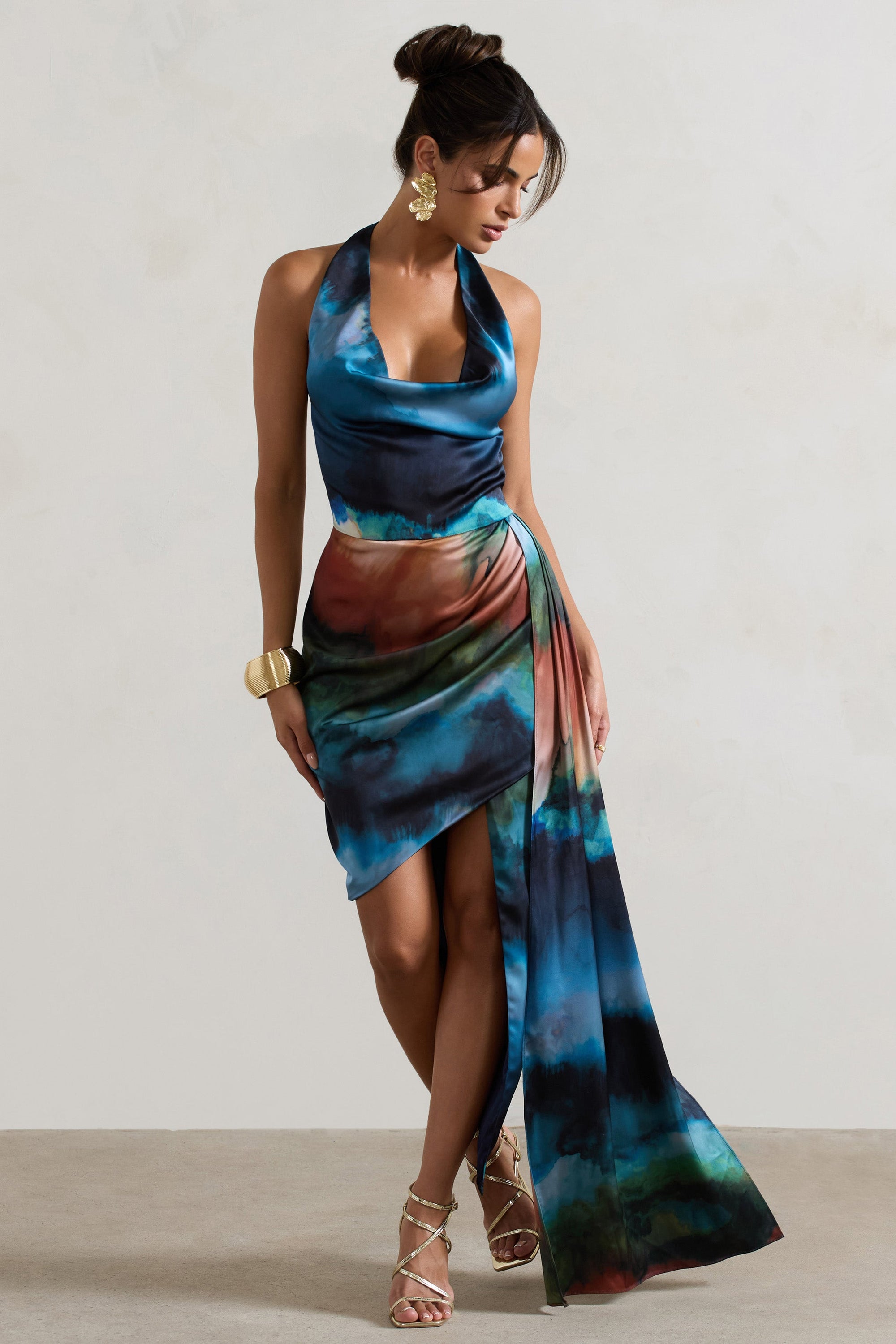 Bali | Blue Blur Print Satin Cowl-Neck Draped Midi Dress - Club L 
