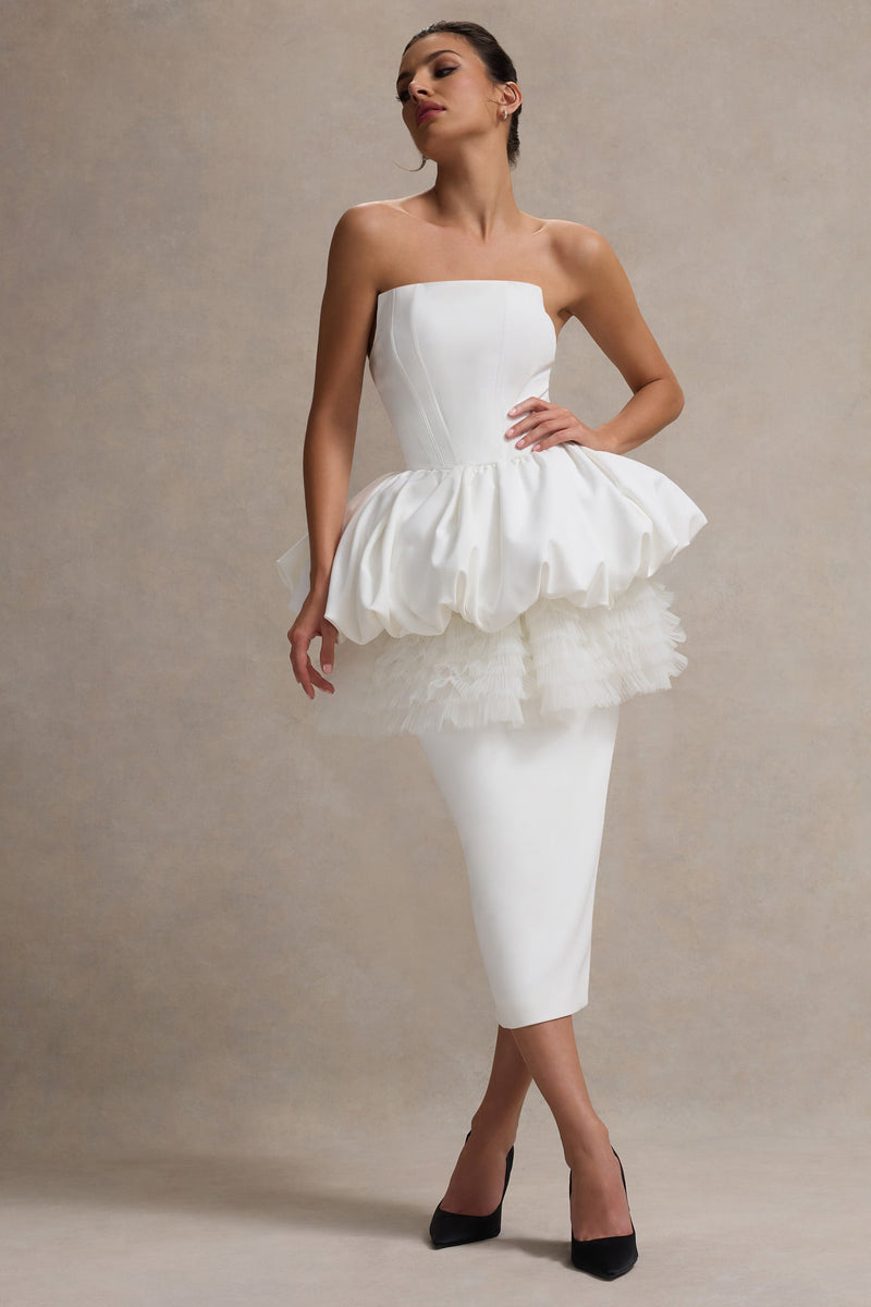Jones | White Strapless Midi Dress With Tulle Peplum Waist - Club L 