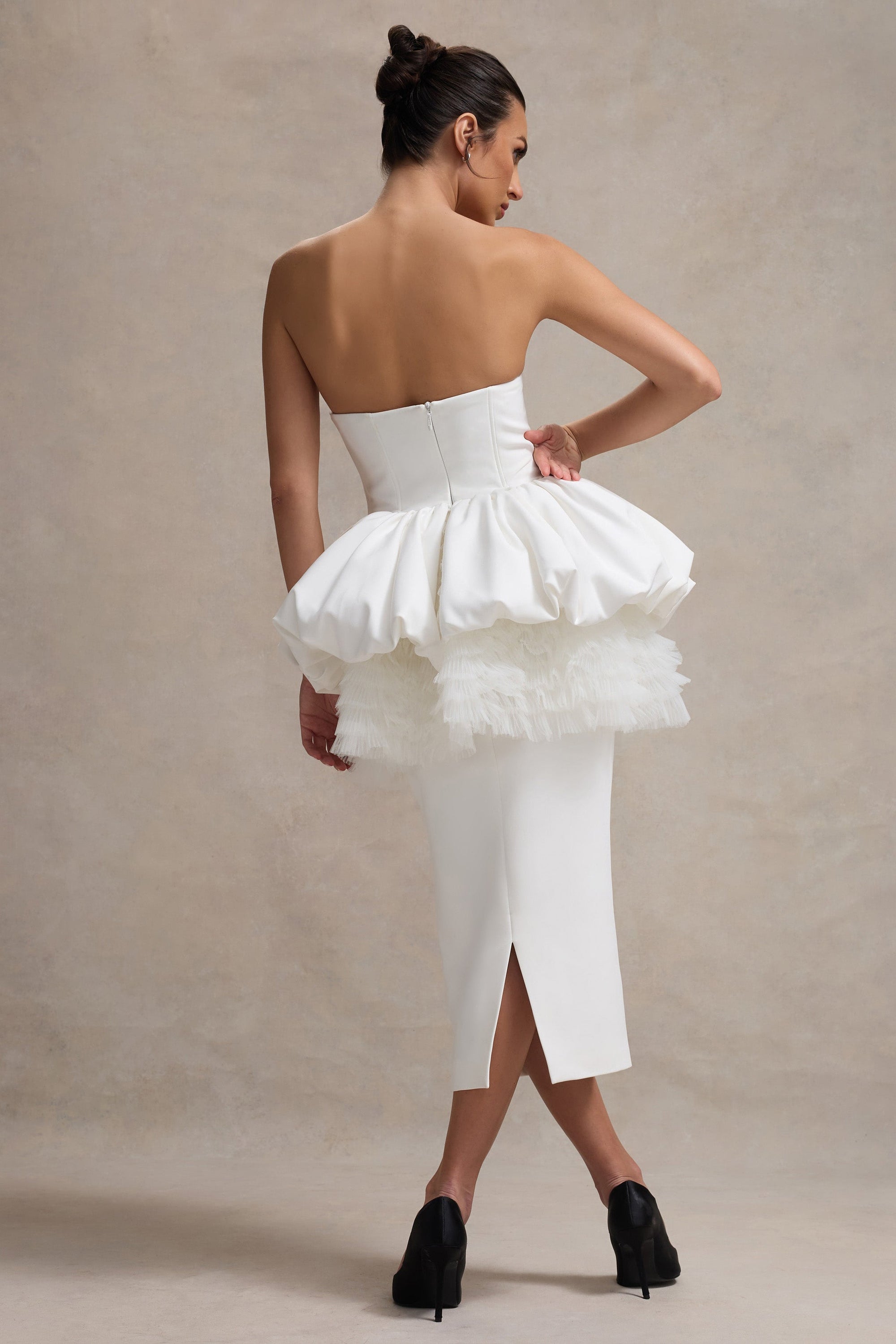 Jones | White Strapless Midi Dress With Tulle Peplum Waist - Club L 