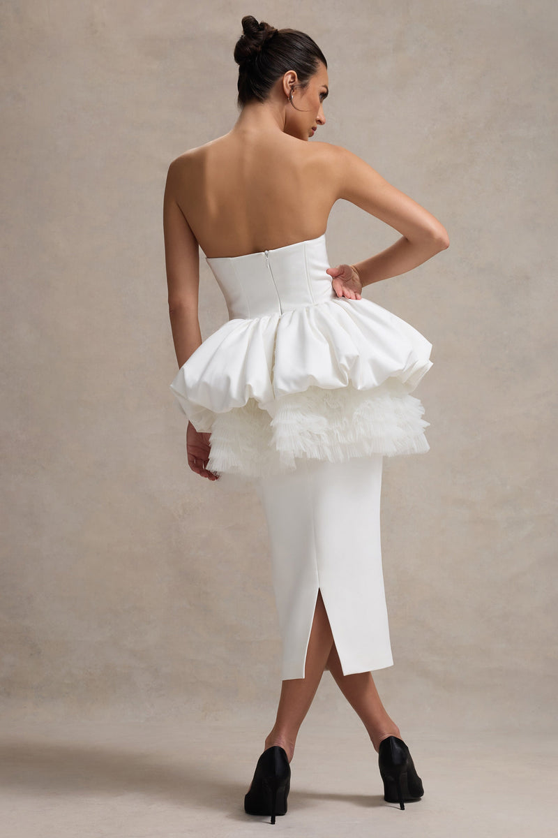 Jones | White Strapless Midi Dress With Tulle Peplum Waist - Club L 