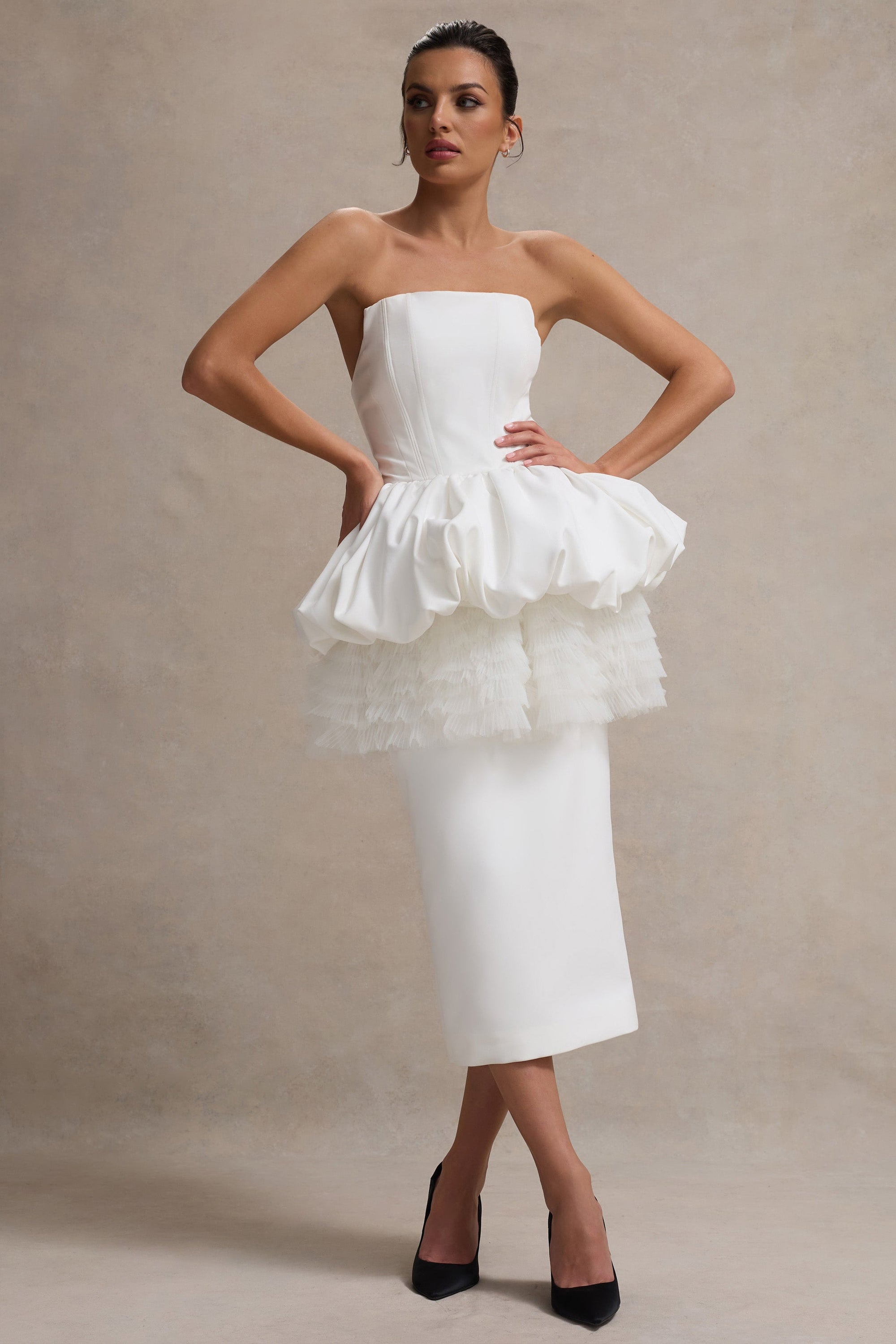 Jones | White Strapless Midi Dress With Tulle Peplum Waist - Club L 