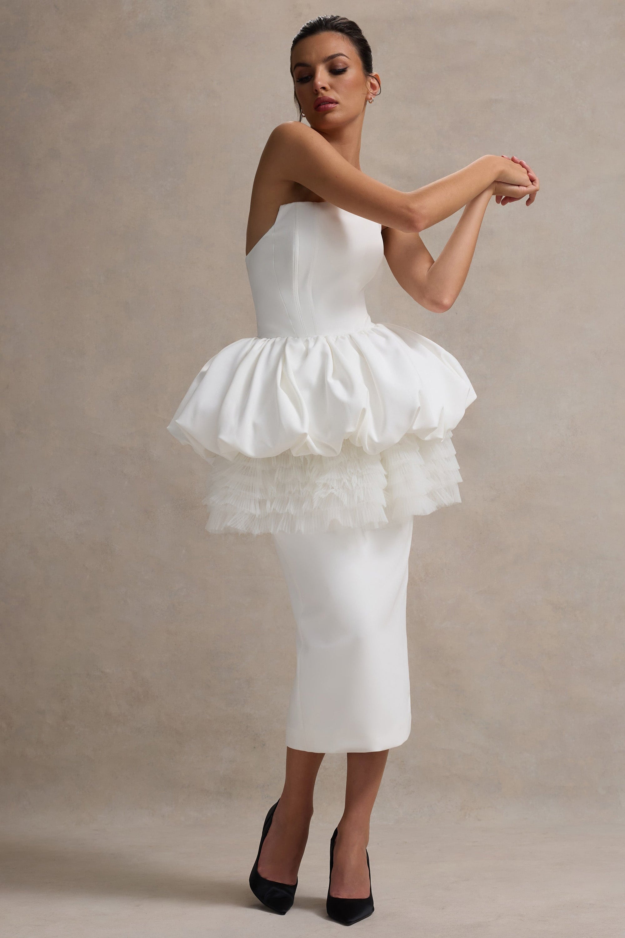 Jones | White Strapless Midi Dress With Tulle Peplum Waist - Club L 