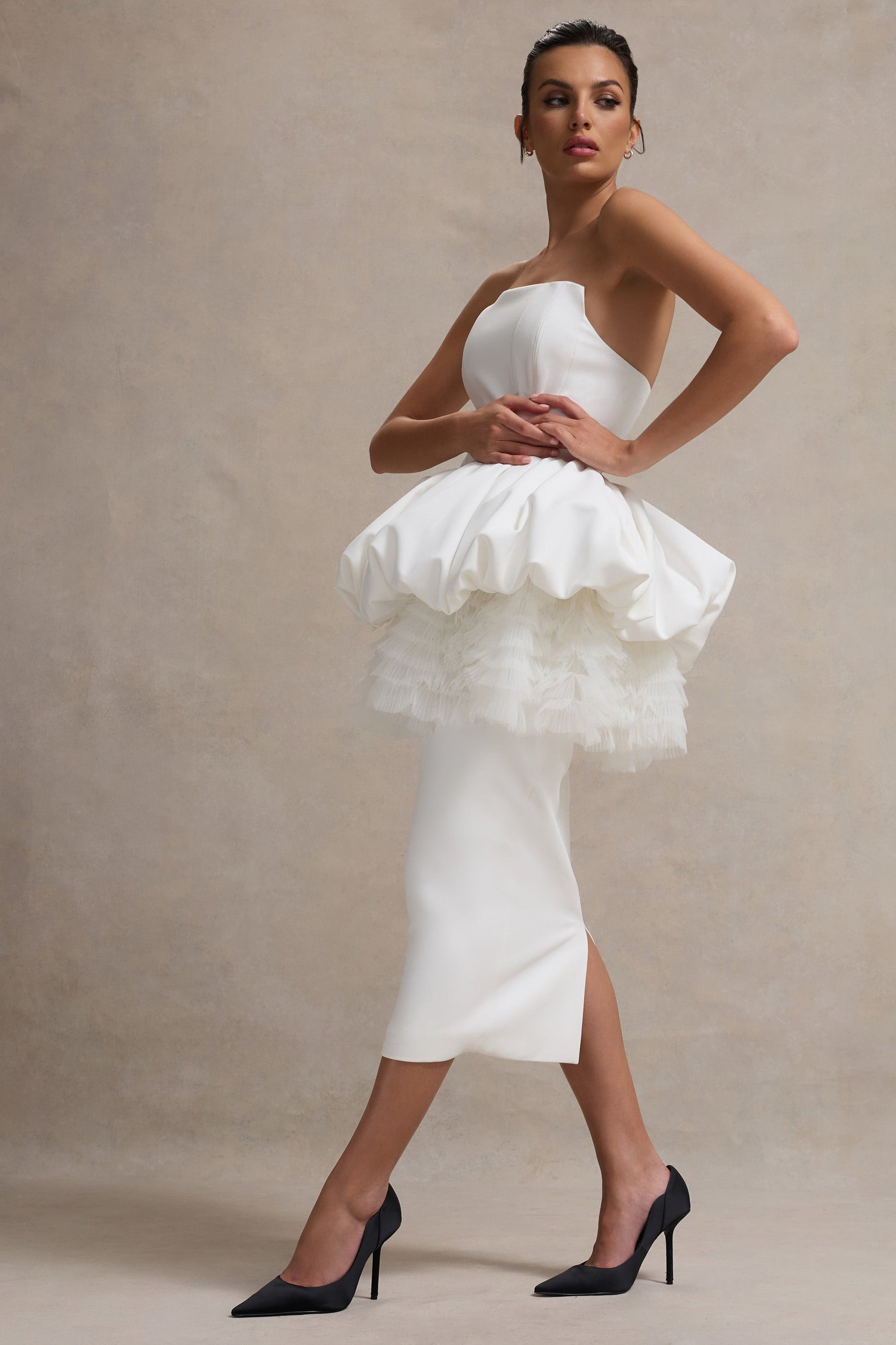 Jones | White Strapless Midi Dress With Tulle Peplum Waist - Club L 