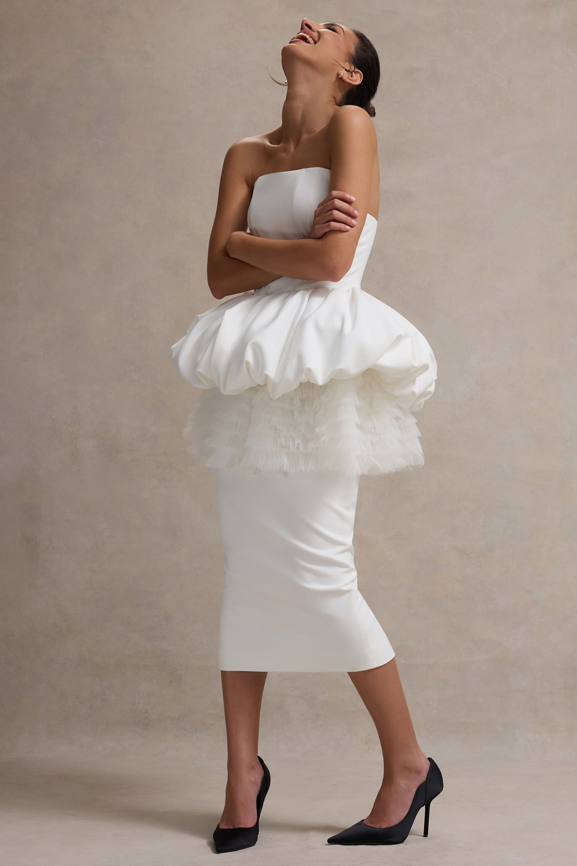Jones | White Strapless Midi Dress With Tulle Peplum Waist - Club L 