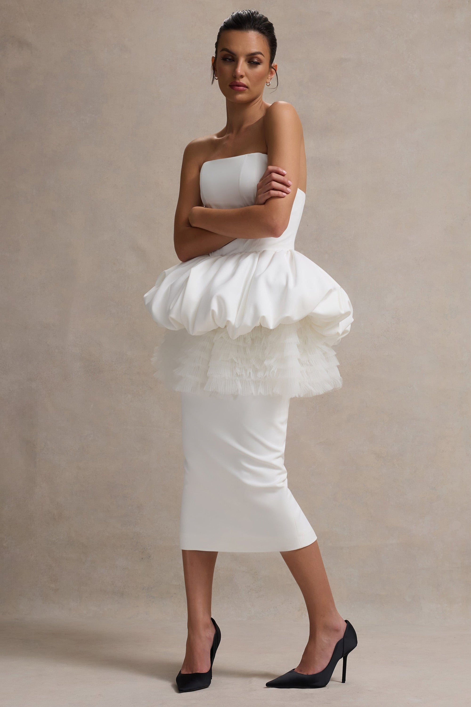 Jones | White Strapless Midi Dress With Tulle Peplum Waist - Club L 