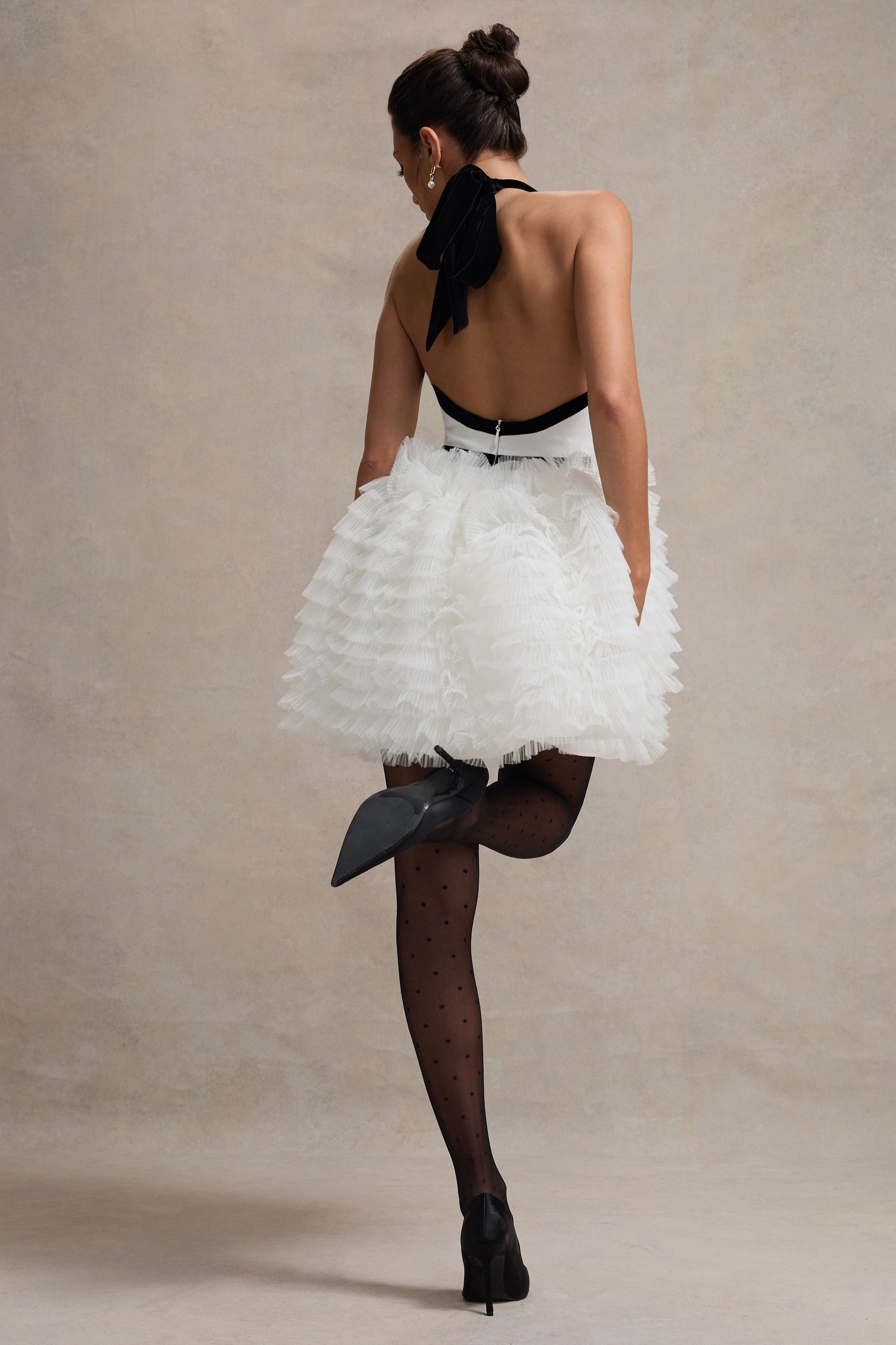 Eclair | Black & White Plunge-Neck Mini Dress With Tulle Skirt - Club L 