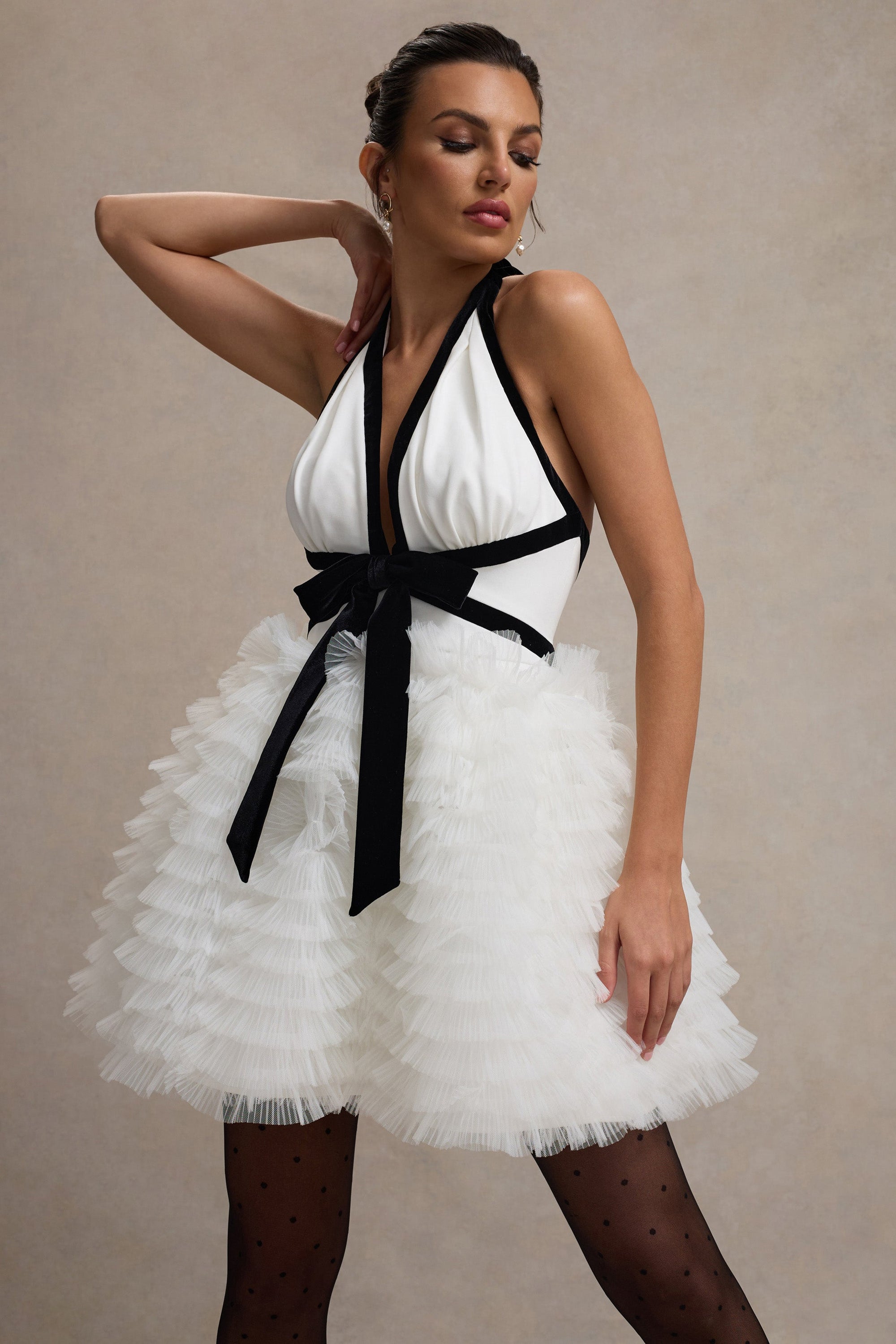 Eclair | Black & White Plunge-Neck Mini Dress With Tulle Skirt - Club L 
