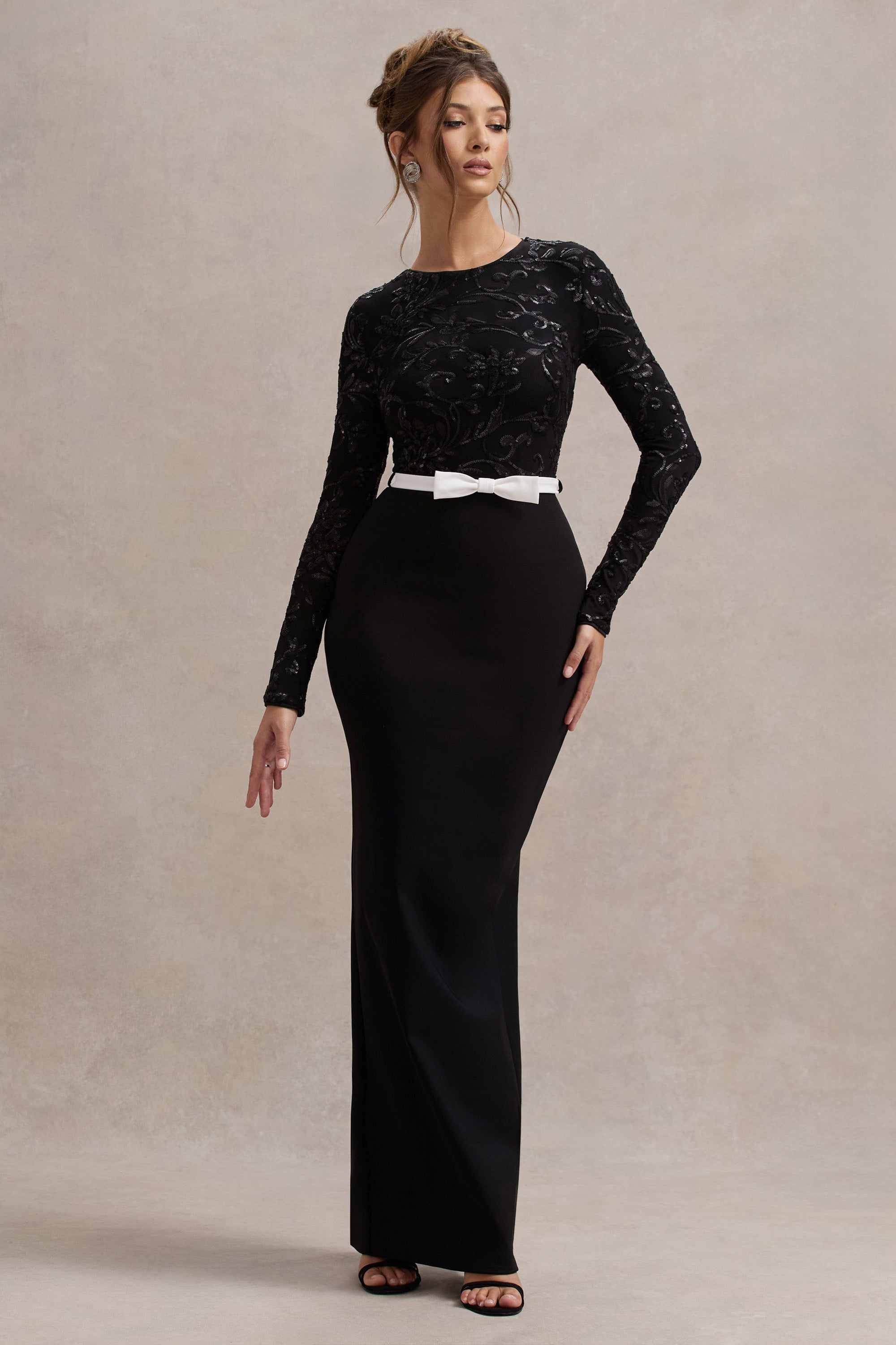 Zenith | Black Lace Long-Sleeve Maxi Dress - Club L 