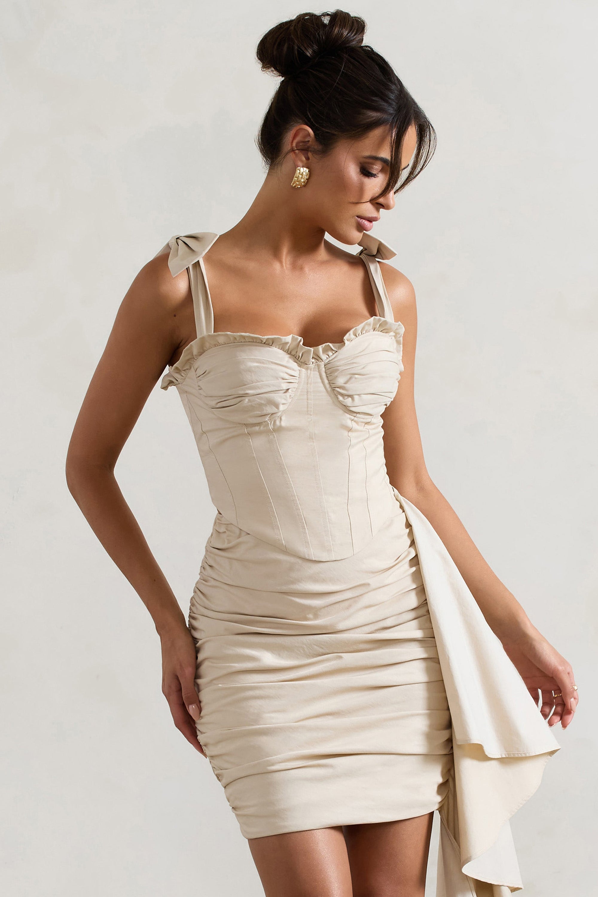 Vanity | Ivory Ruched Mini Skirt With Drape - Club L 
