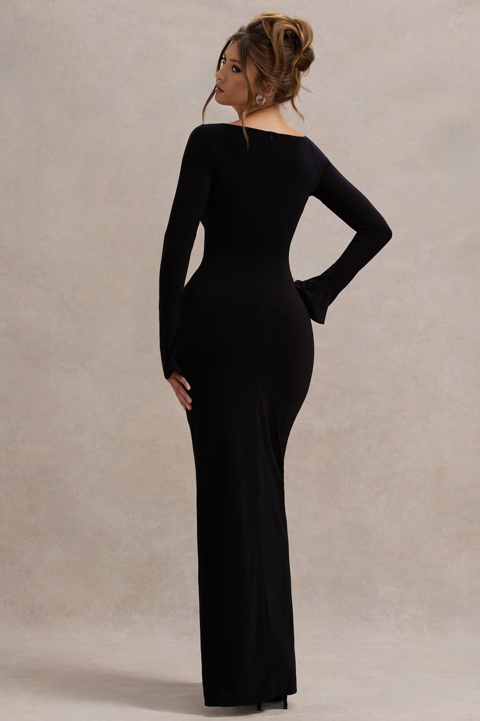 Cosmos | Black Asymmetric Long-Sleeve Split Maxi Dress - Club L 