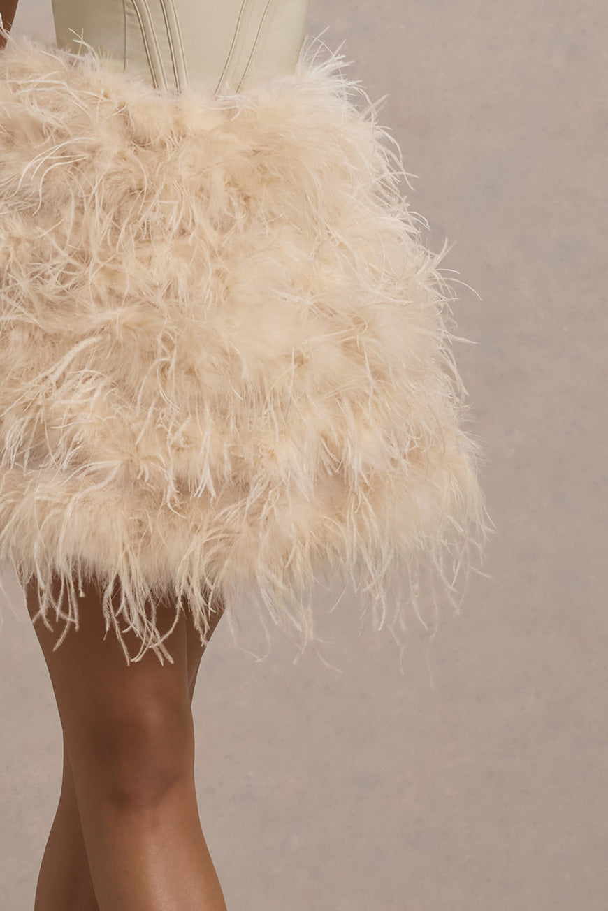 Peaches | Champagne Strapless Mini Dress With Volume Feather Hem - Club L 