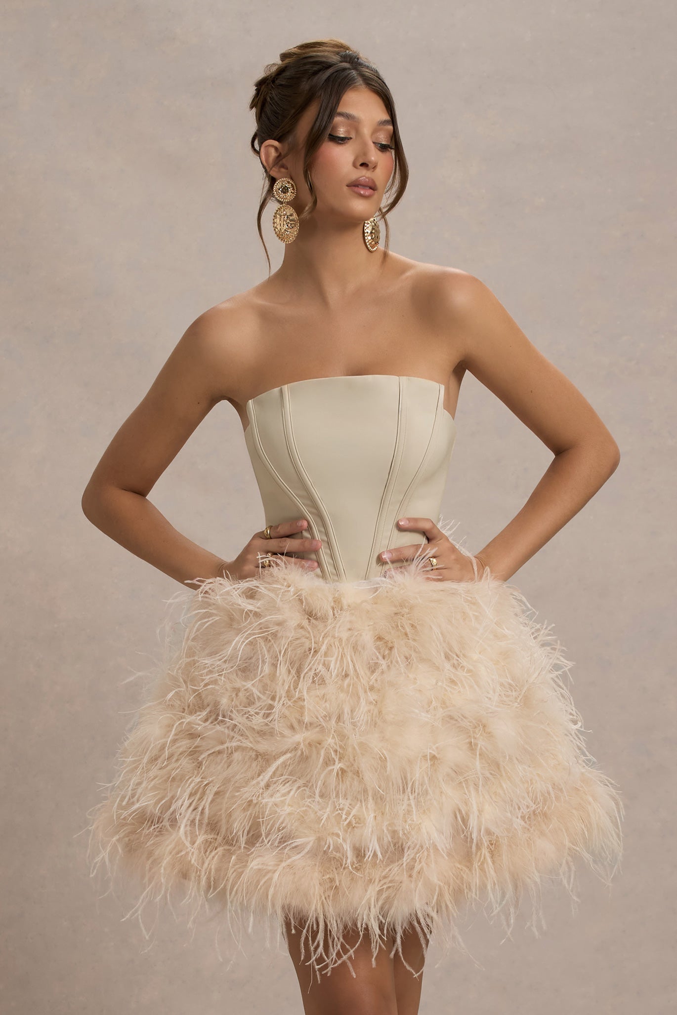 Peaches | Champagne Strapless Mini Dress With Volume Feather Hem - Club L 