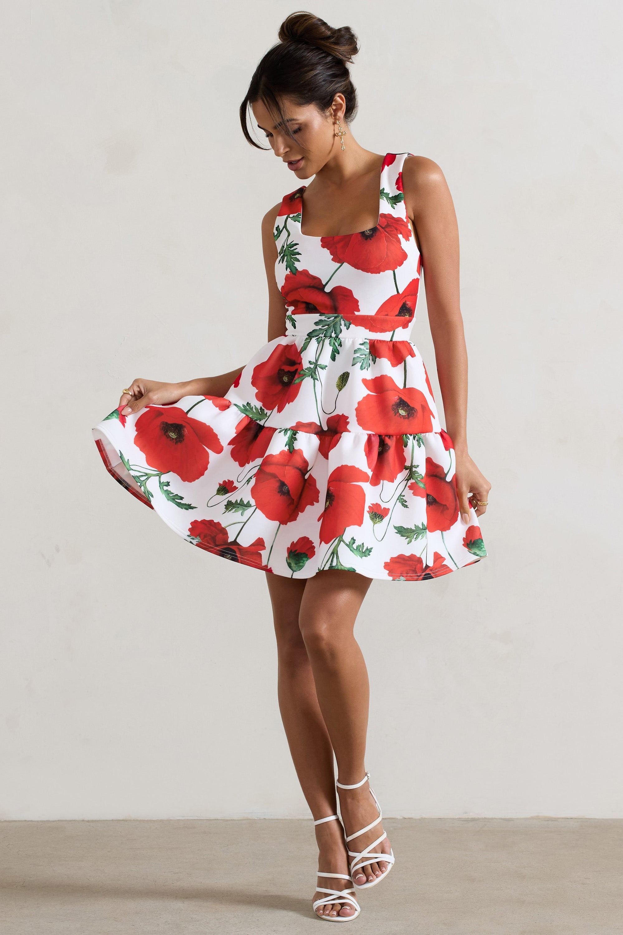 Alia | Poppy Print Scoop-Neck Tiered Volume Hem Mini Dress - Club L 