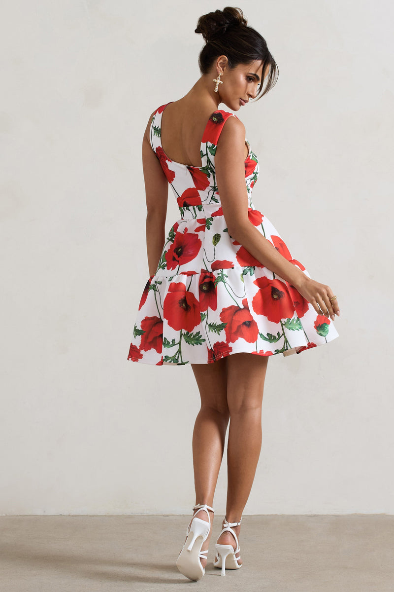 Alia | Poppy Print Scoop-Neck Tiered Volume Hem Mini Dress - Club L 