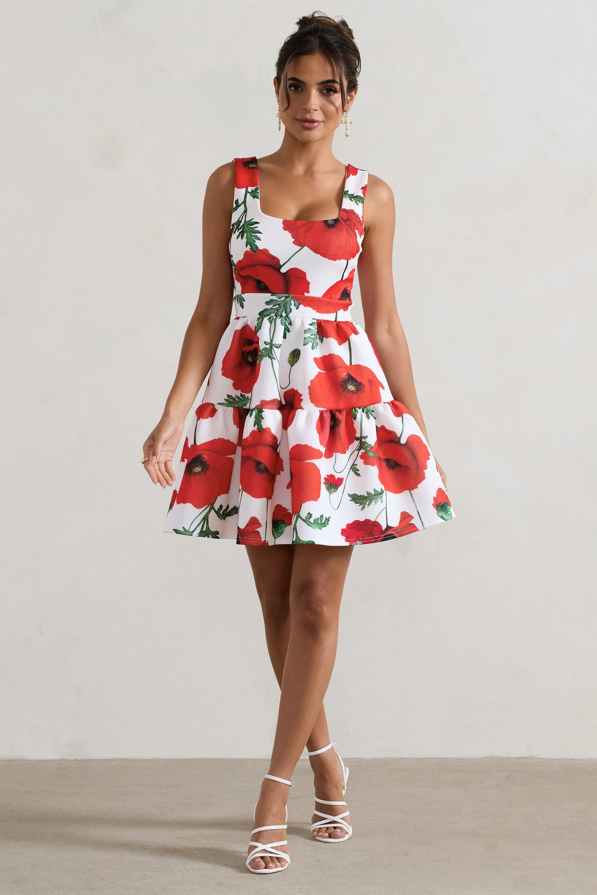 Alia | Poppy Print Scoop-Neck Tiered Volume Hem Mini Dress - Club L 