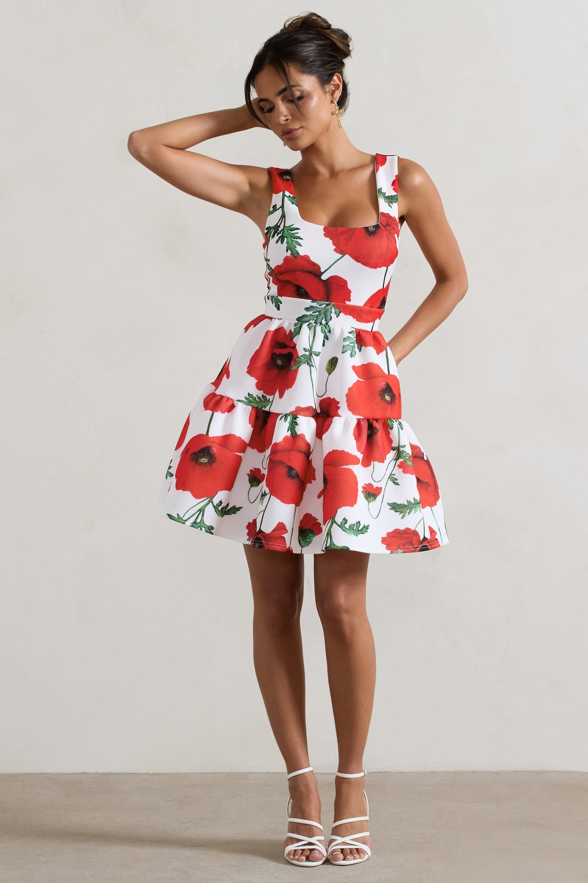 Alia | Poppy Print Scoop-Neck Tiered Volume Hem Mini Dress - Club L 