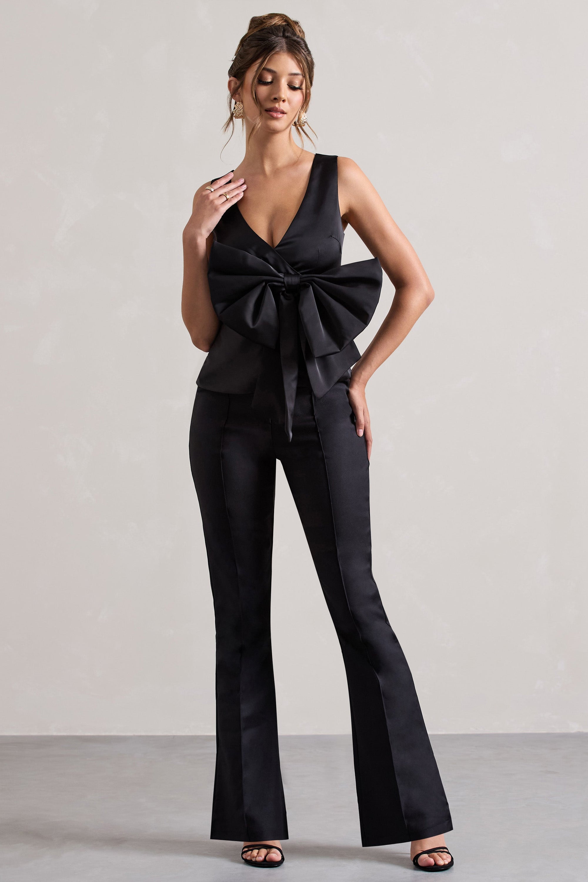 Adoration | Black Satin Plunge-Neck Top With Bow - Club L 