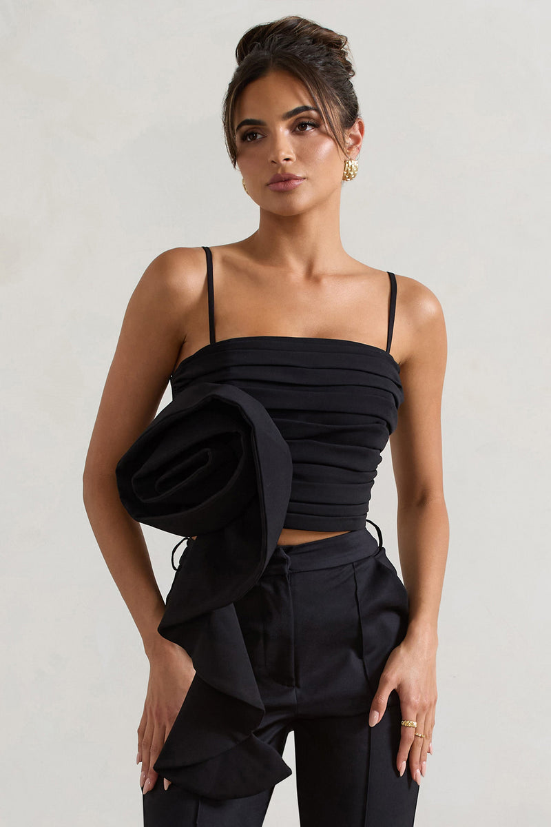 Whirlwind | Black Strappy Top With Oversized Ruffle Detail - Club L 