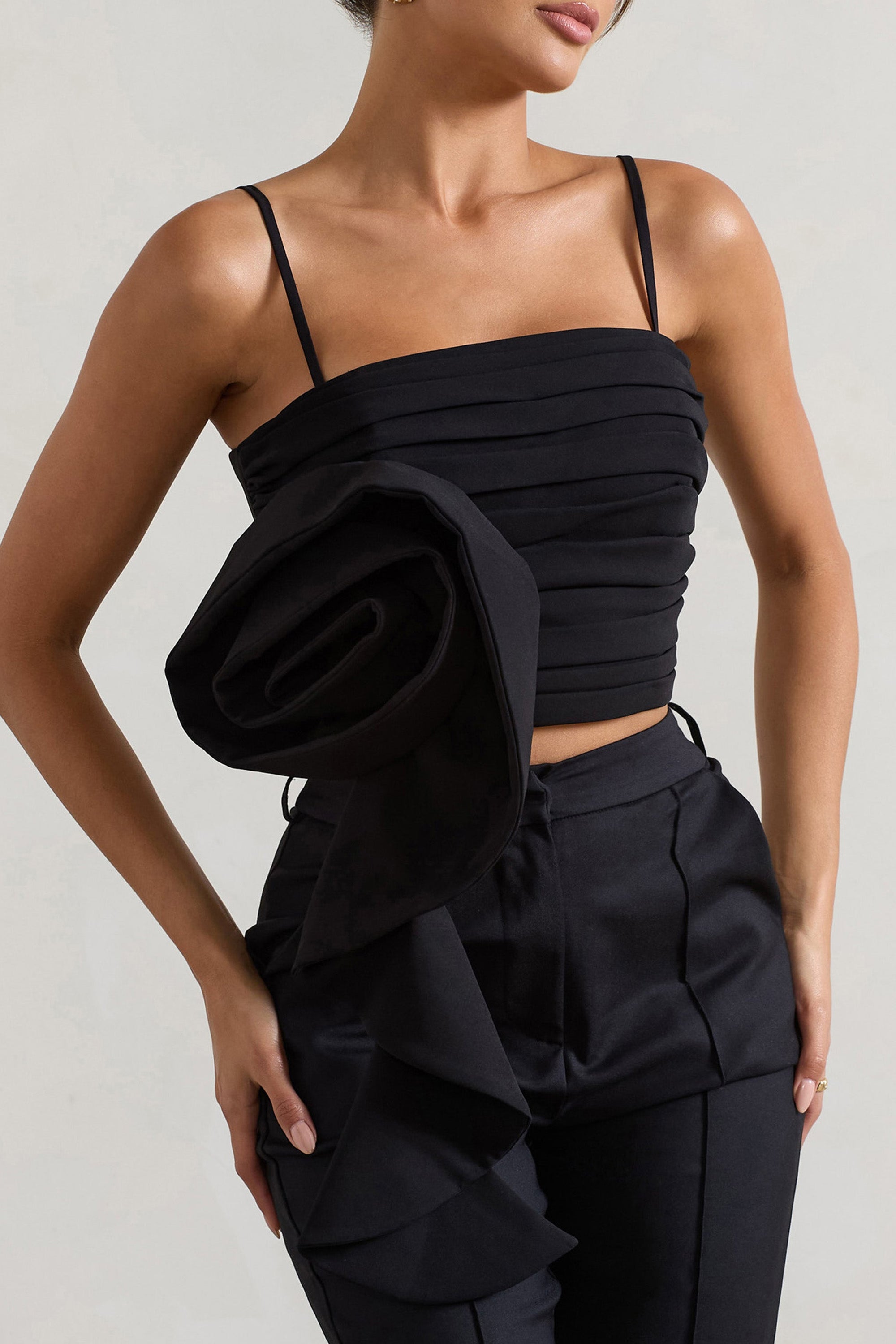 Whirlwind | Black Strappy Top With Oversized Ruffle Detail - Club L 