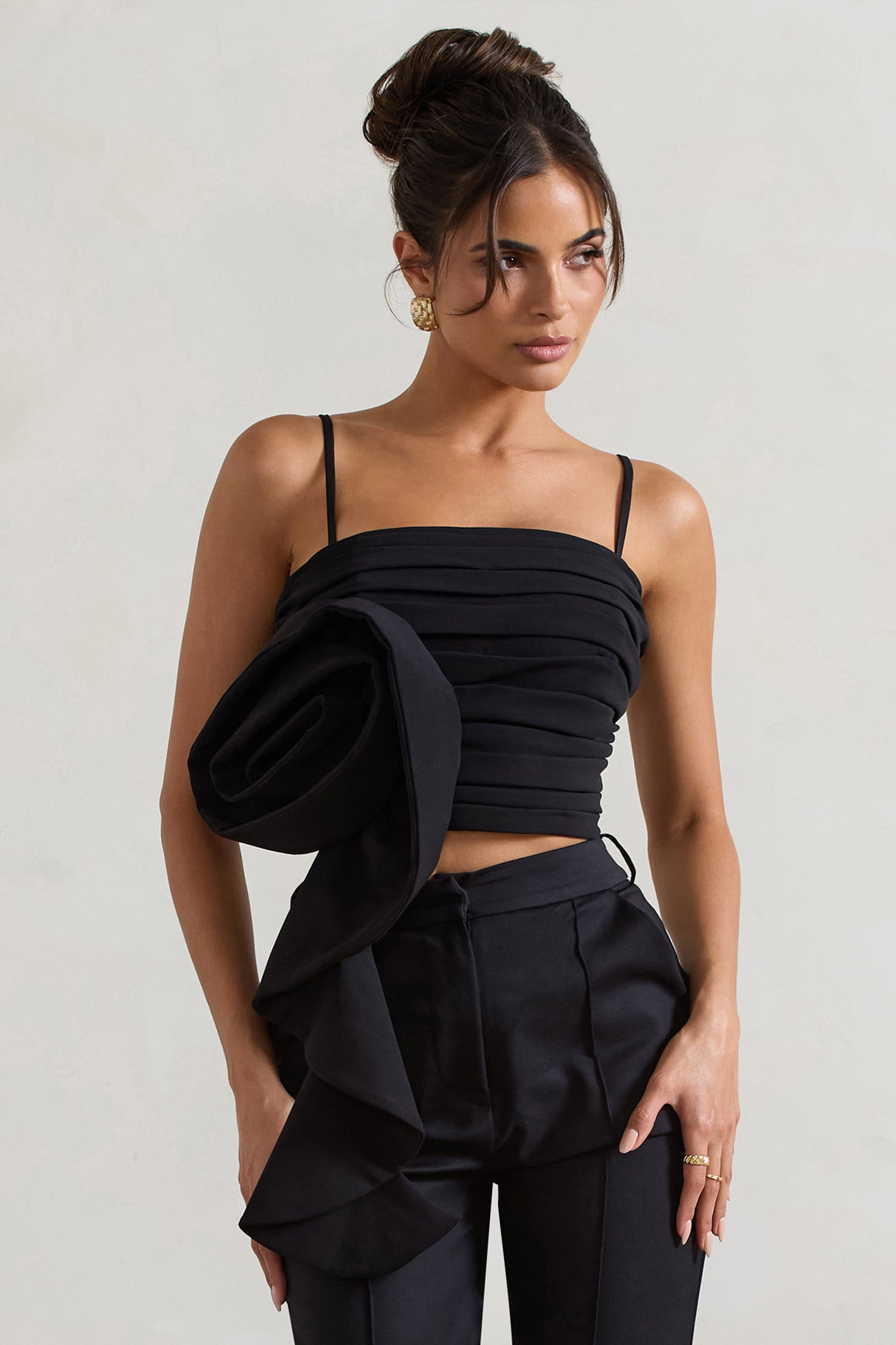Whirlwind | Black Strappy Top With Oversized Ruffle Detail - Club L 
