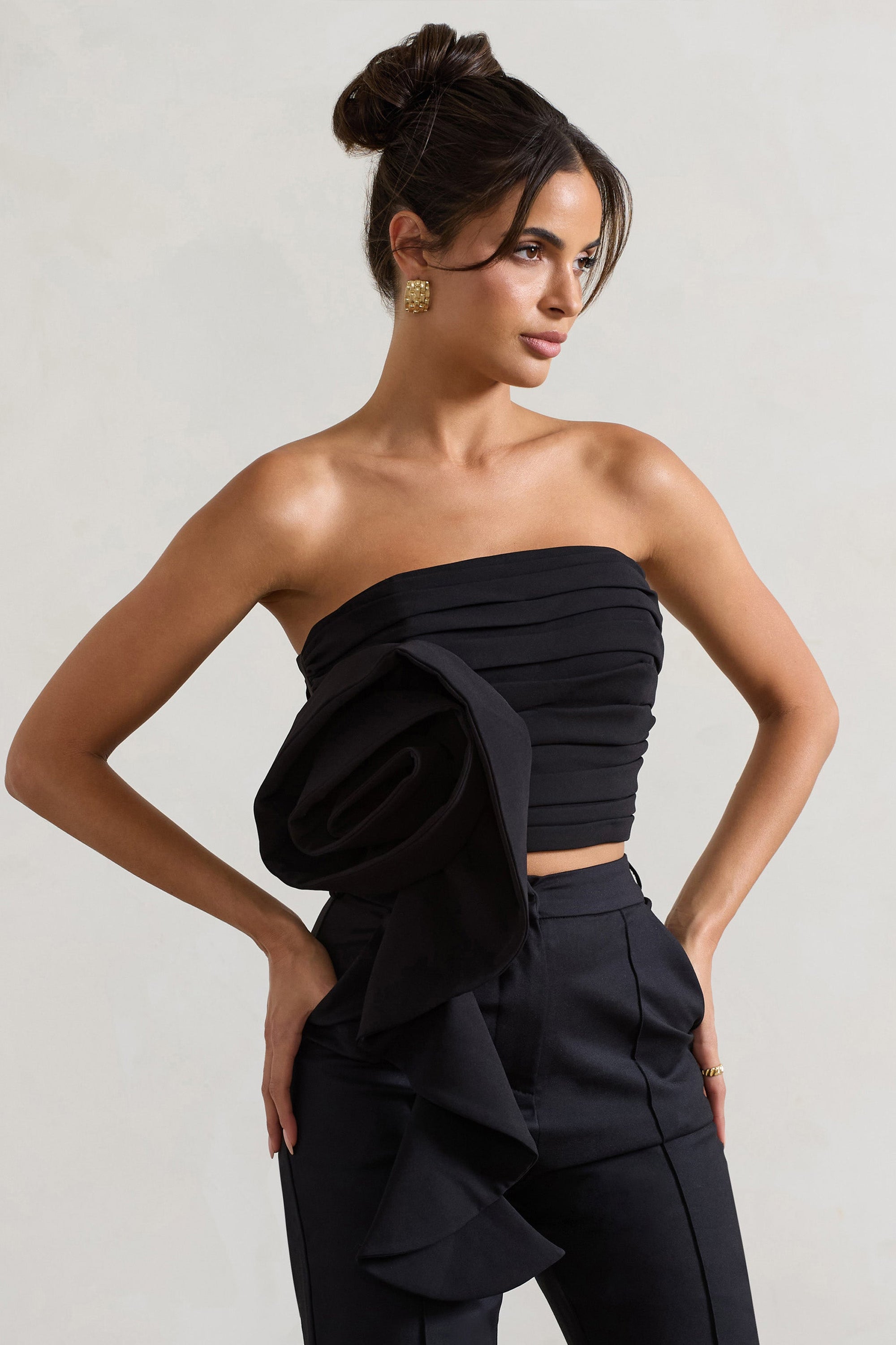 Whirlwind | Black Strappy Top With Oversized Ruffle Detail - Club L 