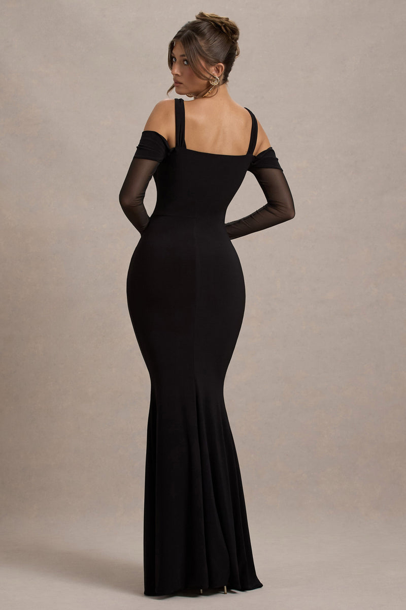 Milana | Black Square-Neck Draped Wrap Maxi Dress With Long Sleeves - Club L 