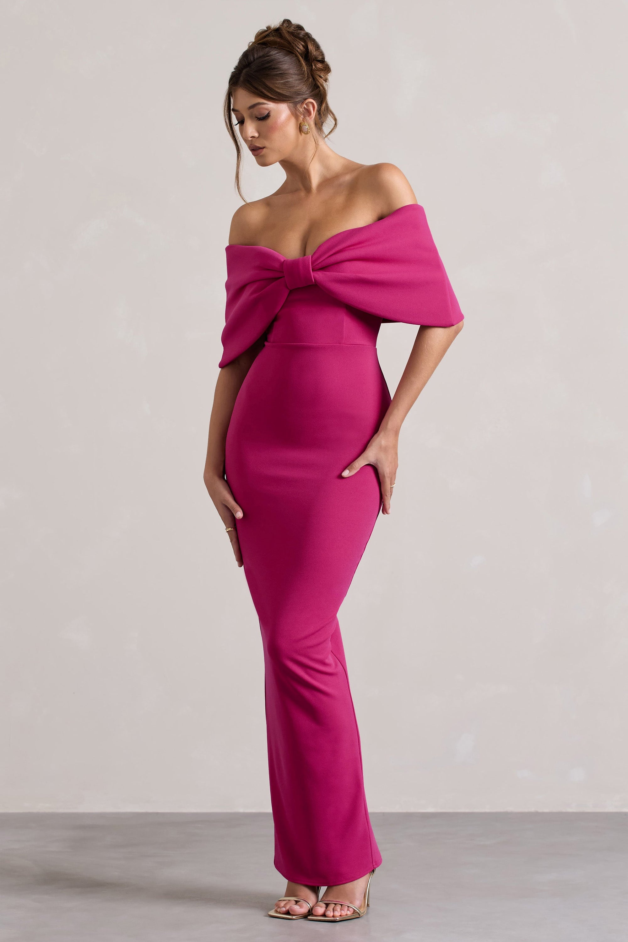 Cornelia | Hot Pink Strapless Maxi Dress With Oversized Bow - Club L 
