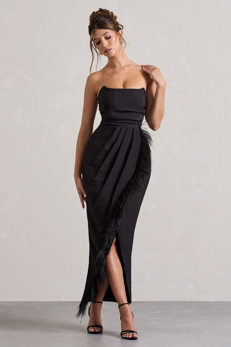 Chosen | Black Bandeau Wrap Maxi Dress With Feather Trim - Club L 