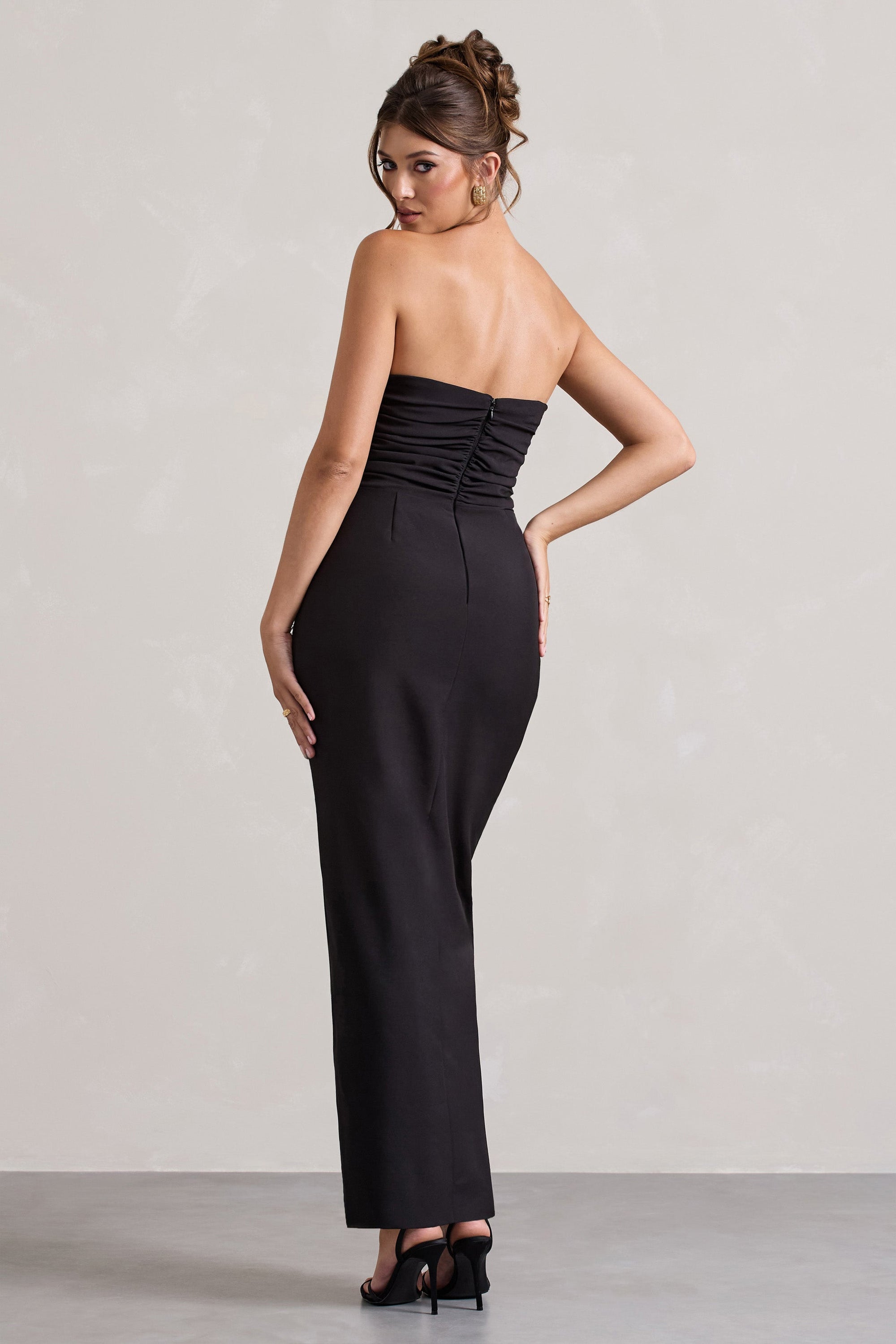 Chosen | Black Bandeau Wrap Maxi Dress With Feather Trim - Club L 