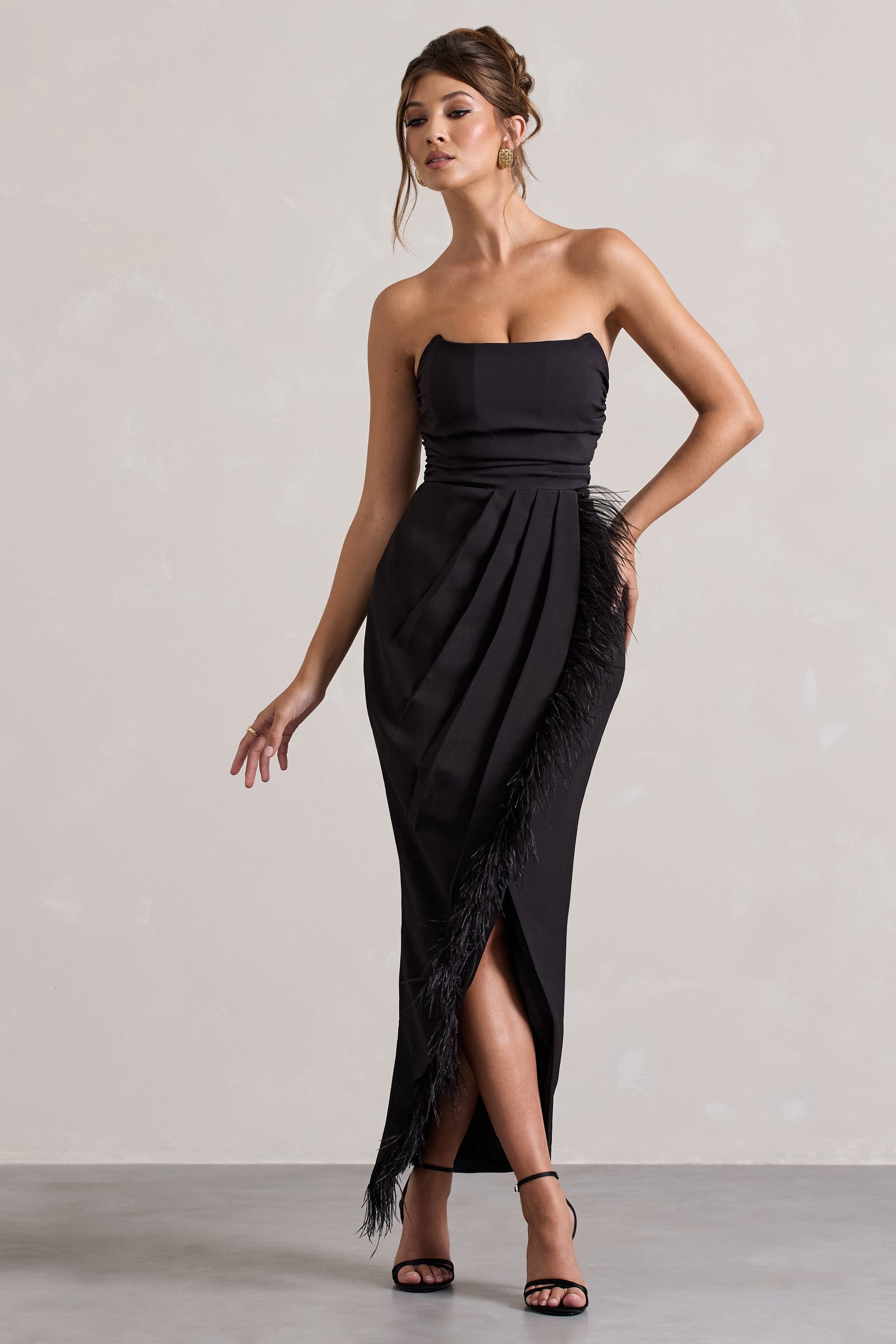 Chosen | Black Bandeau Wrap Maxi Dress With Feather Trim - Club L 