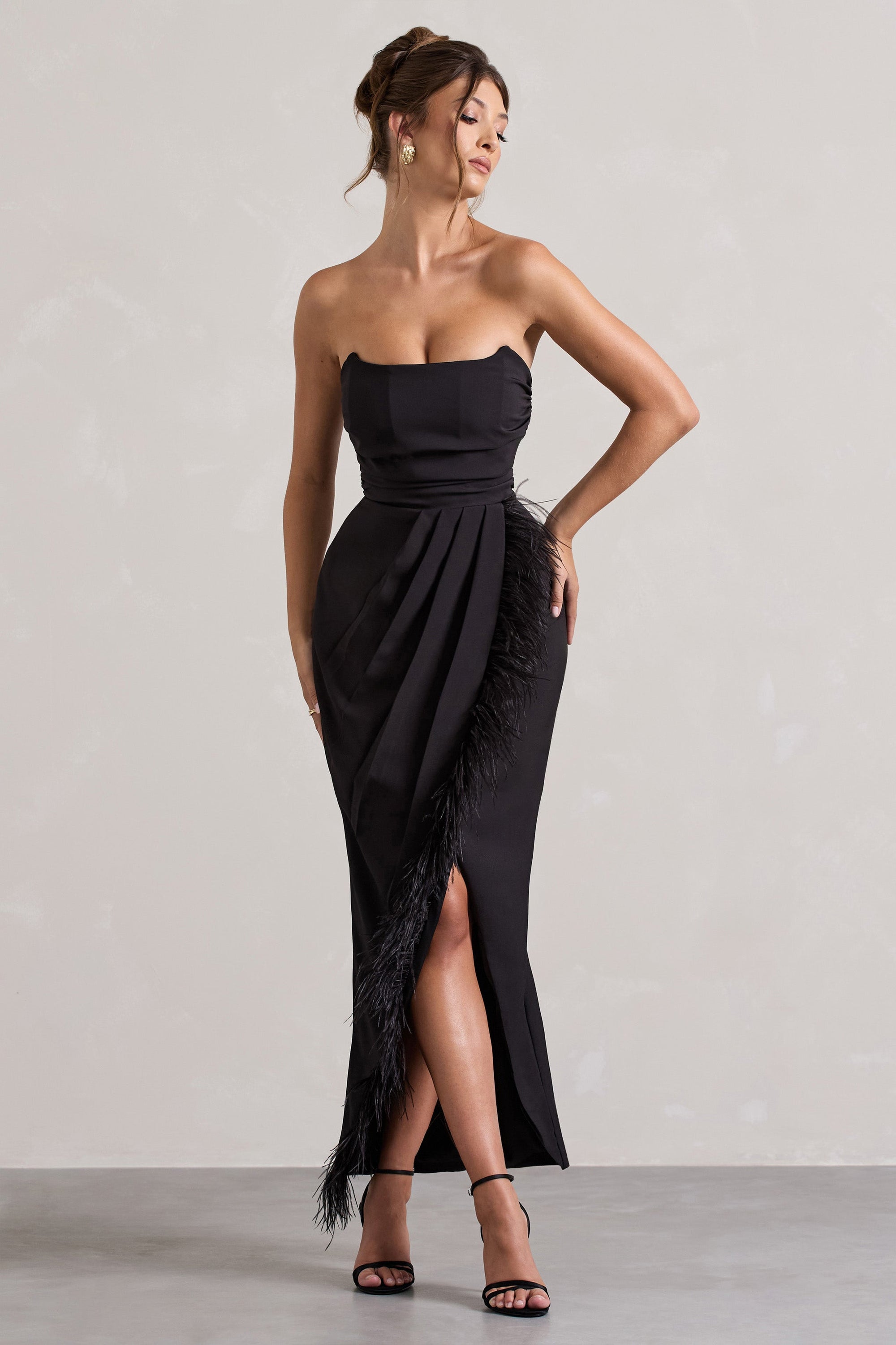 Chosen | Black Bandeau Wrap Maxi Dress With Feather Trim - Club L 