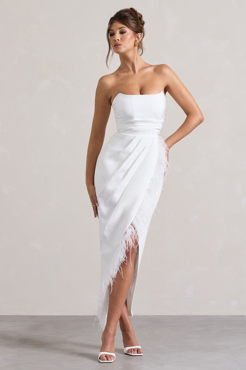 Chosen | White Bandeau Wrap Maxi Dress With Feather Trim - Club L 