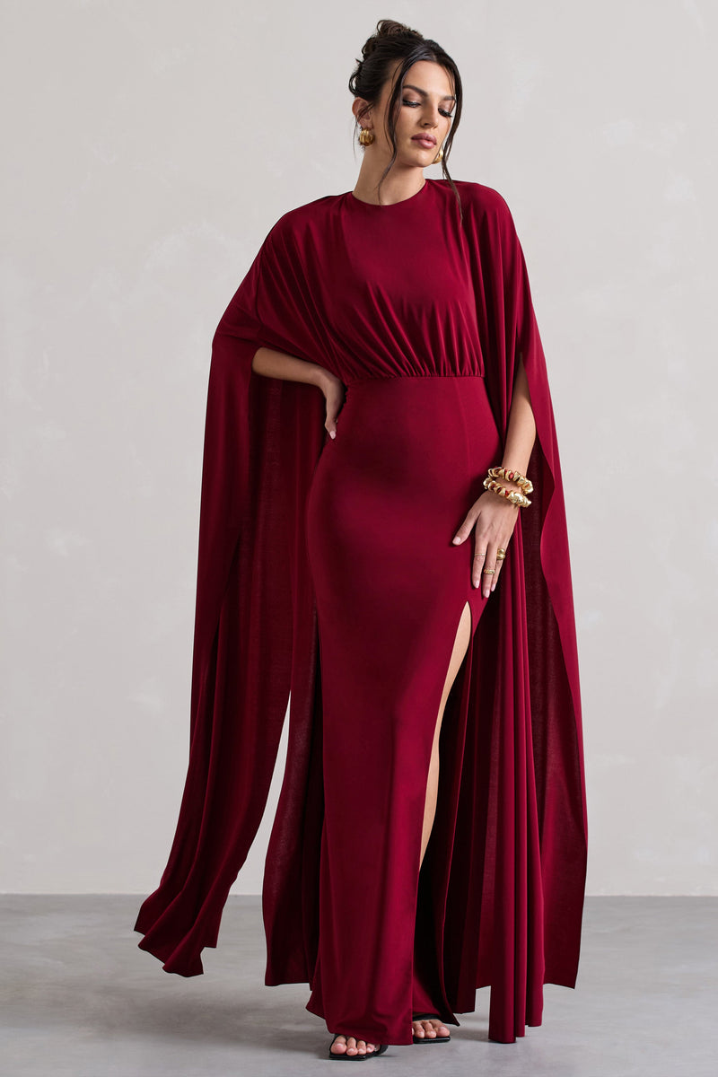 Ilaria | Berry Cape Sleeve Split Maxi Dress - Club L 