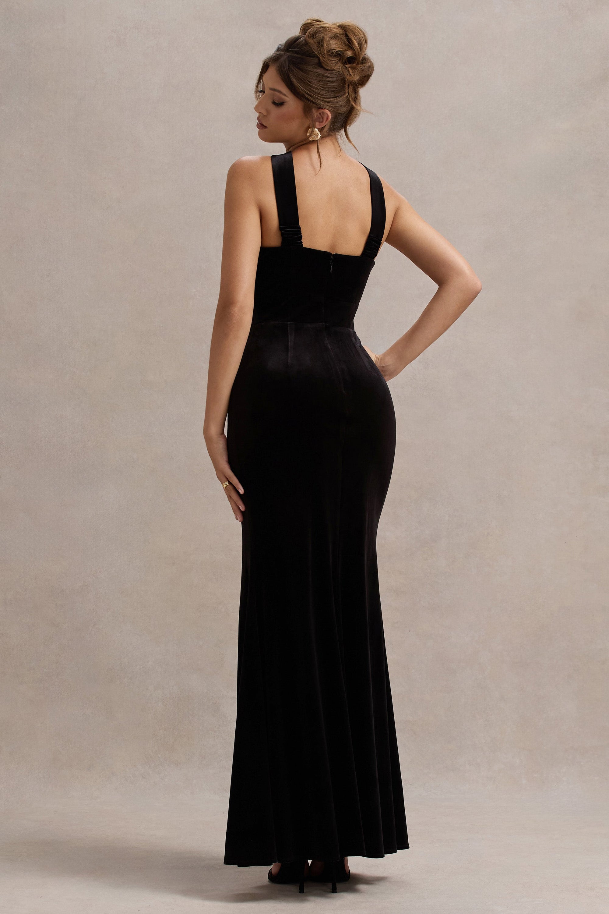 Mystery | Black Velvet Plunge Halter-Neck Split Maxi Dress With Bow - Club L 