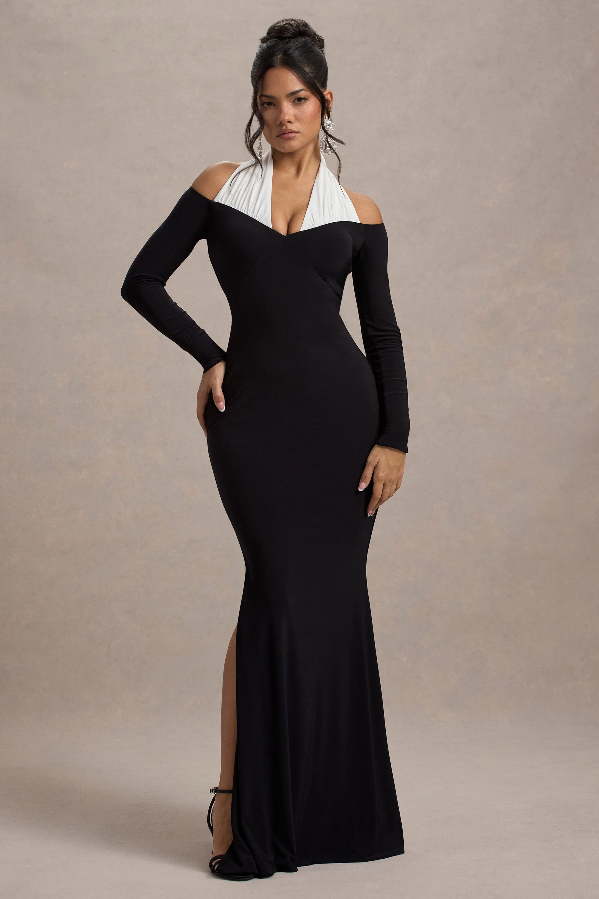Living High | Black & White Halter-Neck Split Maxi Dress - Club L 