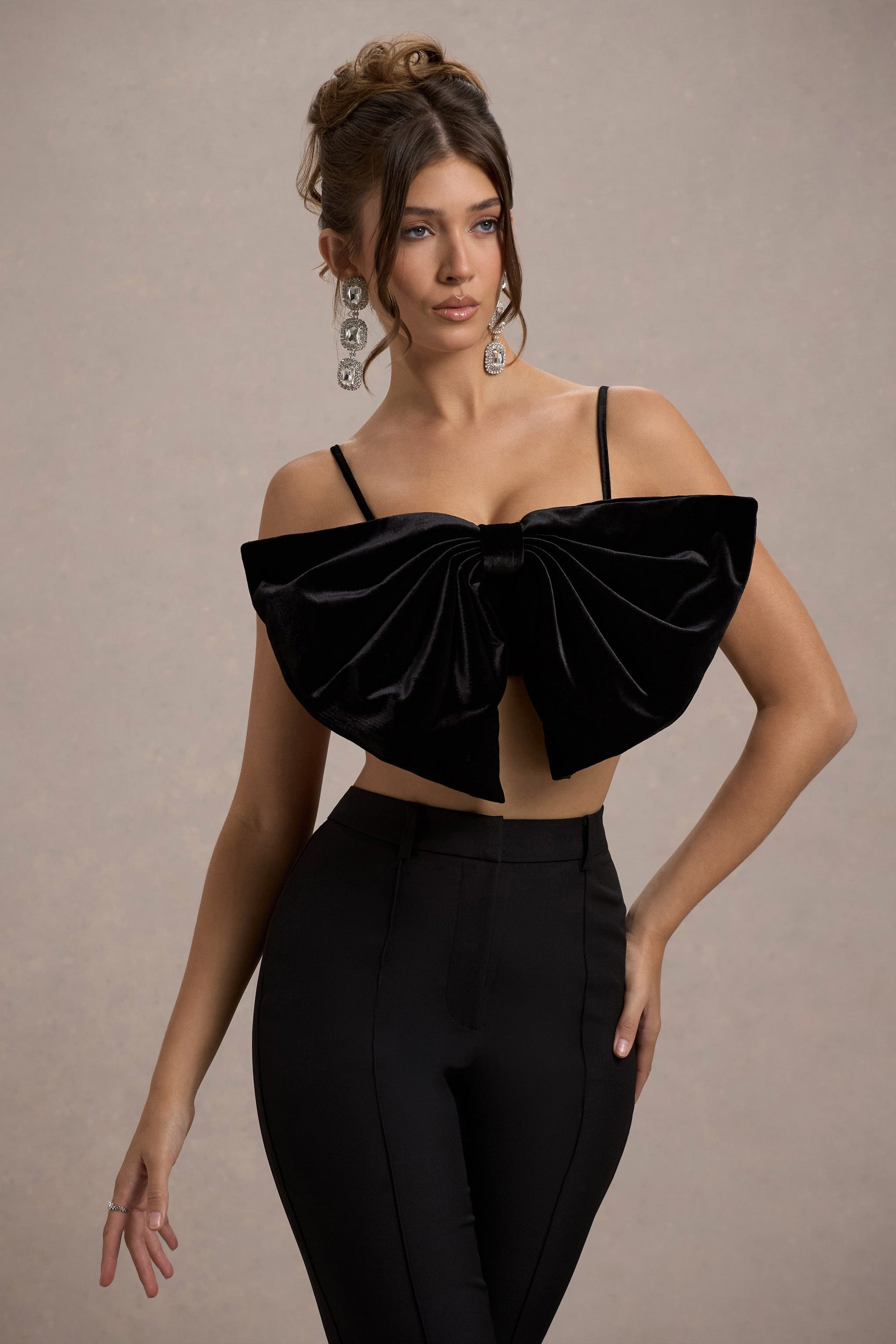 Adya | Black Velvet Strappy Bow Crop Top - Club L 