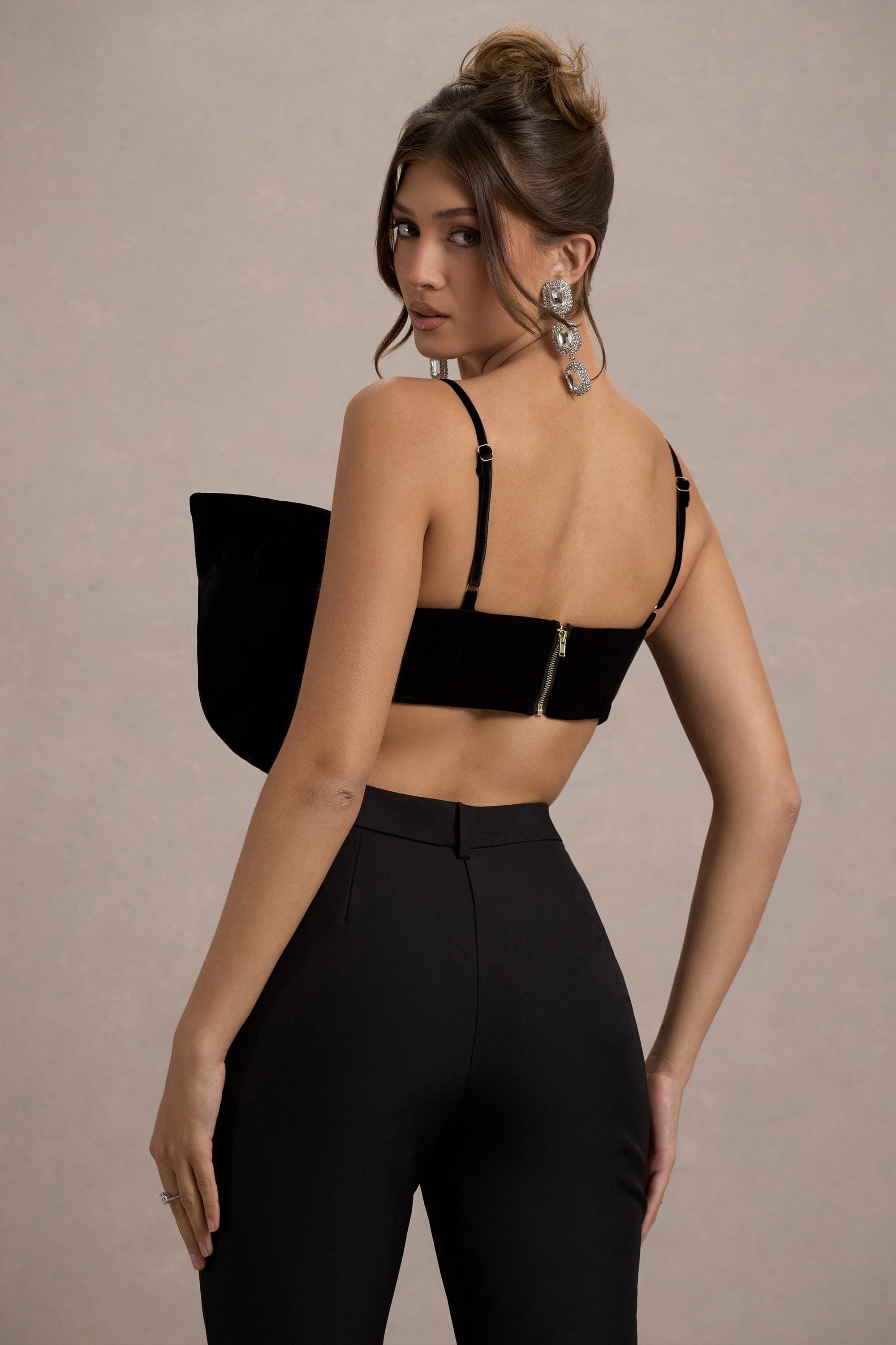 Adya | Black Velvet Strappy Bow Crop Top - Club L 