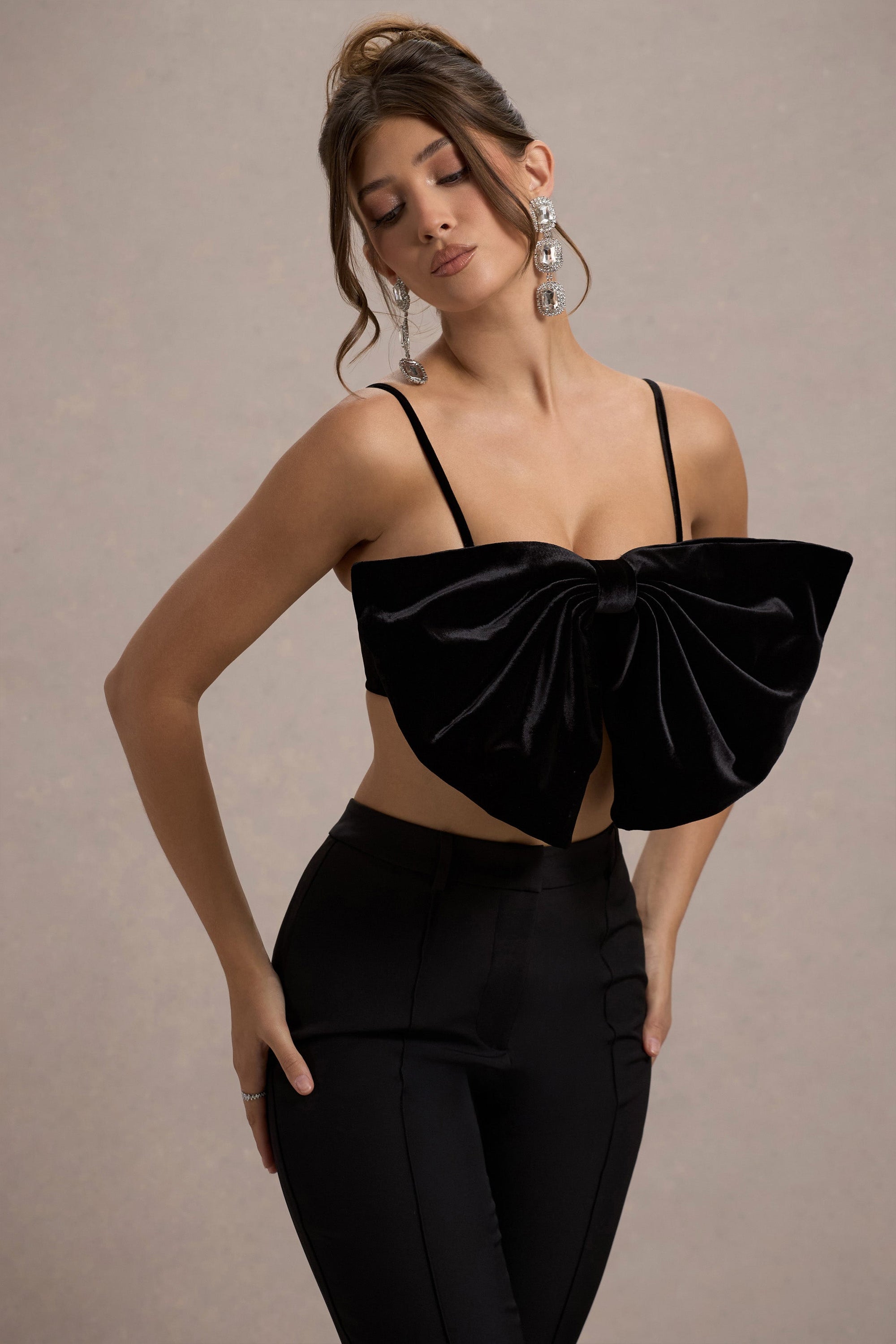 Adya | Black Velvet Strappy Bow Crop Top - Club L 