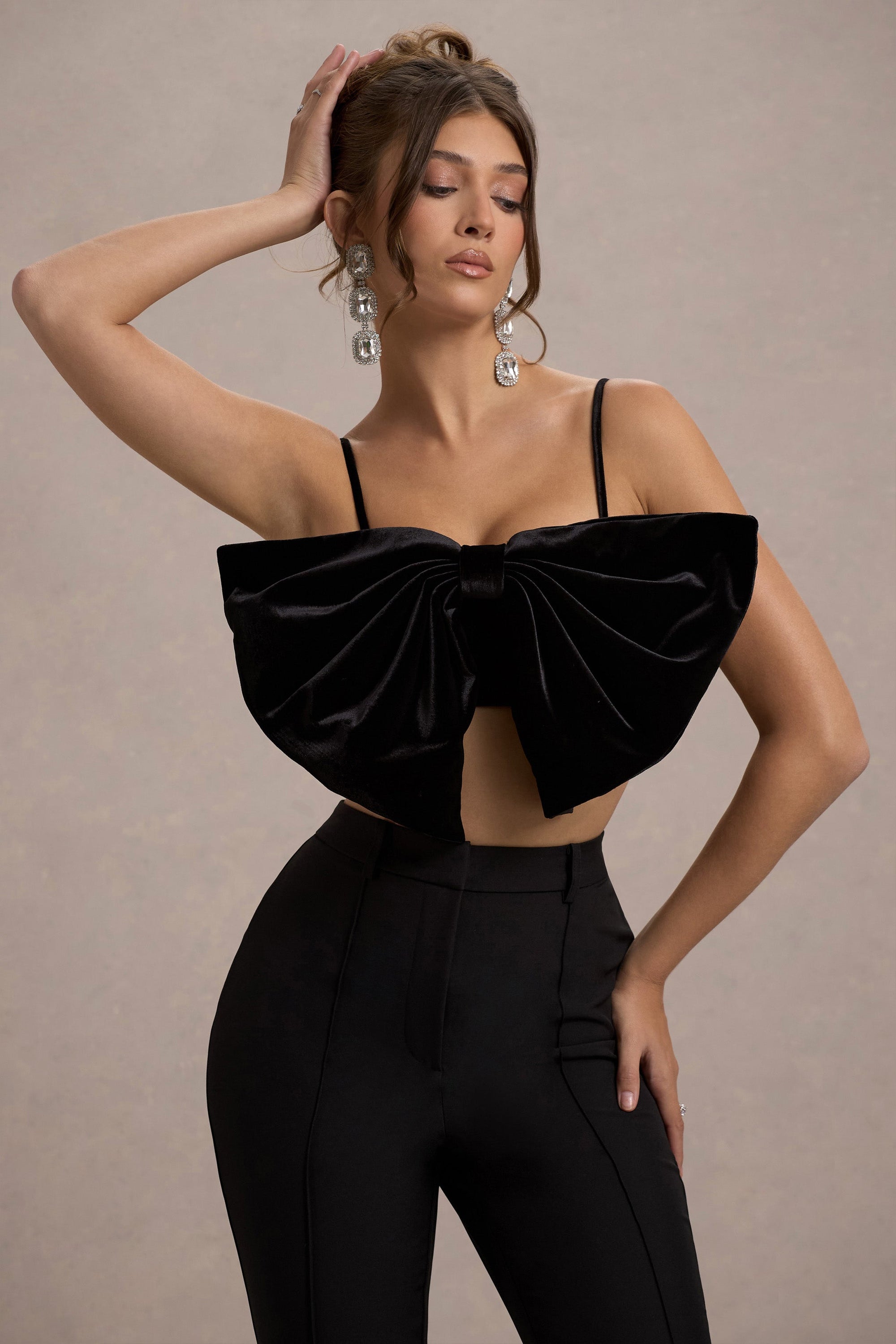 Adya | Black Velvet Strappy Bow Crop Top - Club L 