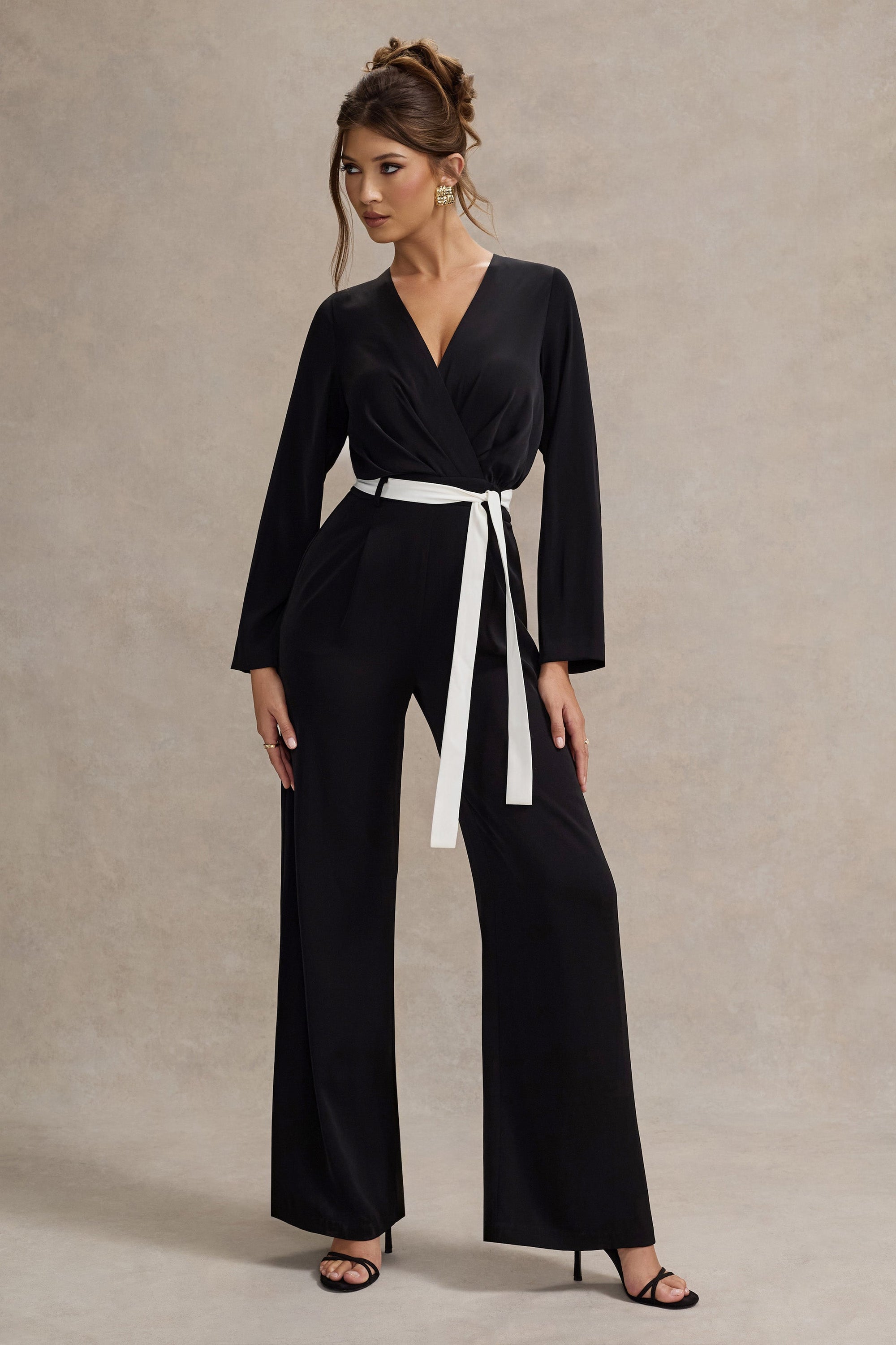 Ruba | Black Tailored Plunge Jumpsuit With Tie Waist - Club L 
