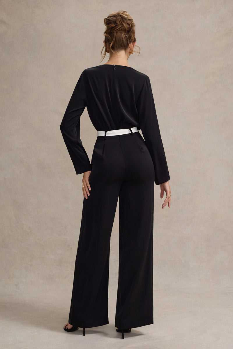 Ruba | Black Tailored Plunge Jumpsuit With Tie Waist - Club L 