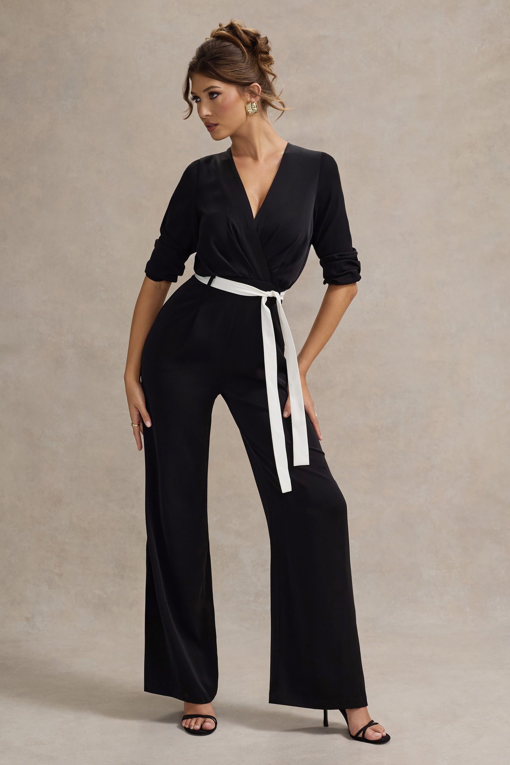 Ruba | Black Tailored Plunge Jumpsuit With Tie Waist - Club L 
