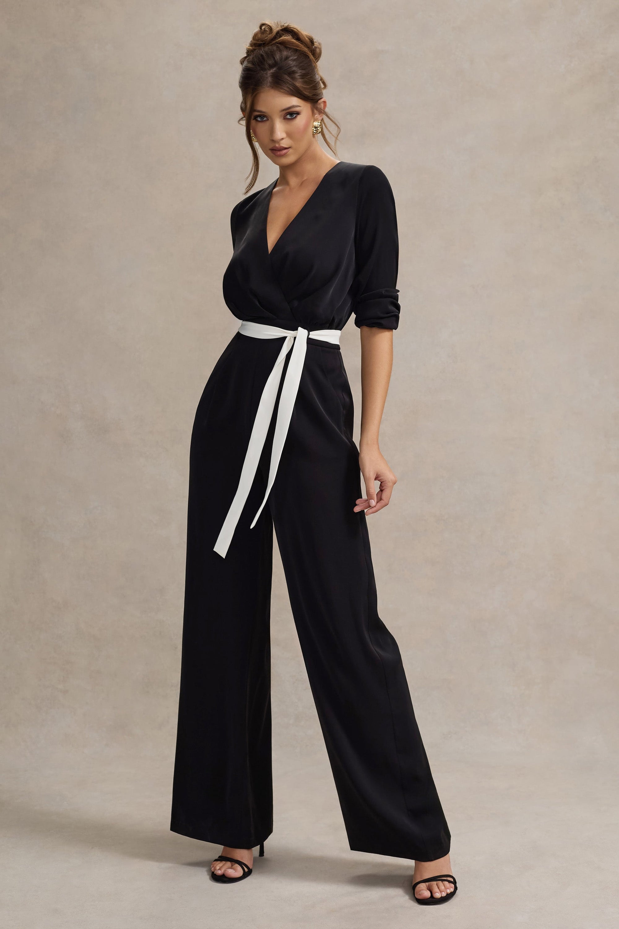 Ruba | Black Tailored Plunge Jumpsuit With Tie Waist - Club L 