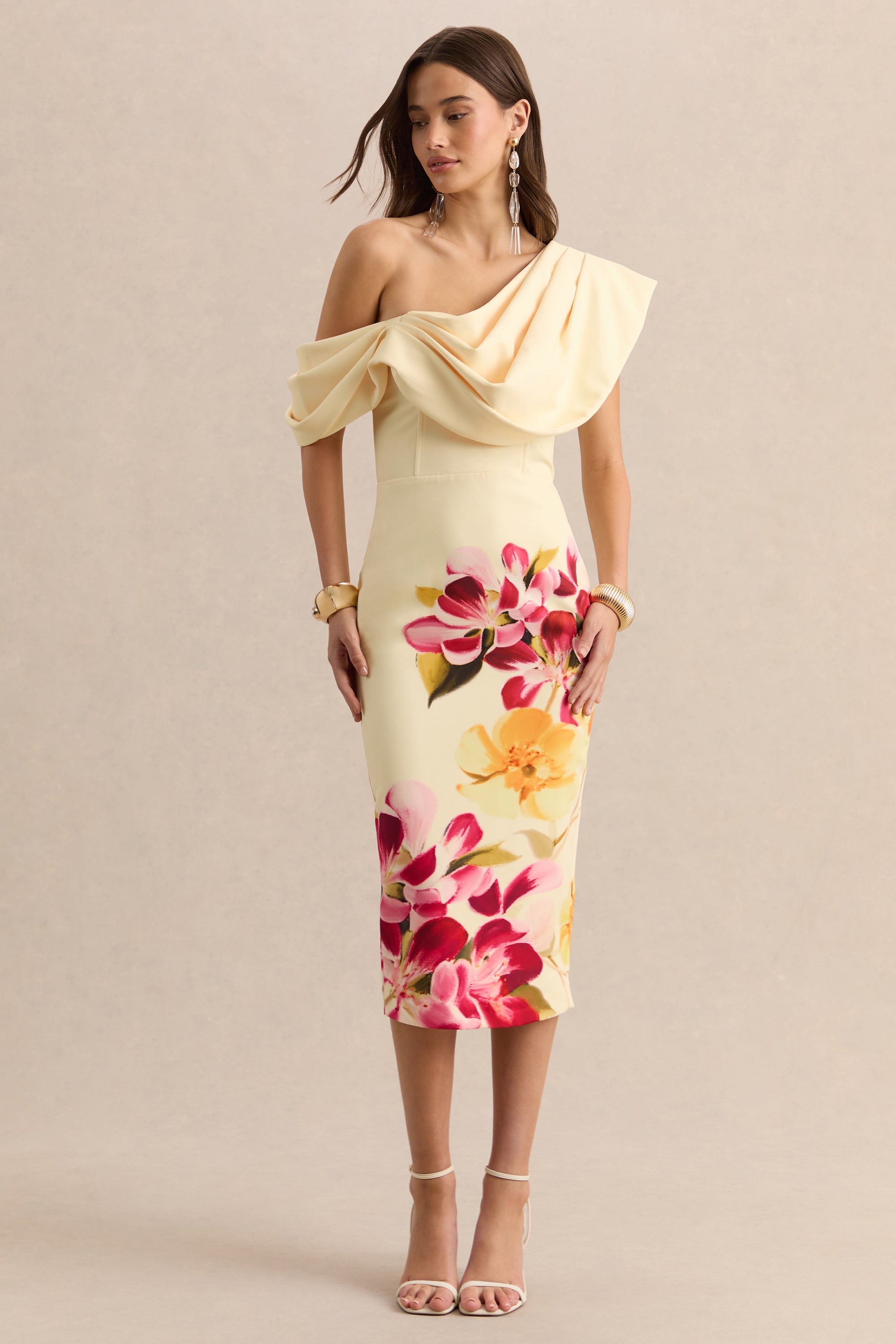 ECM-HR-CL134967283 - Adrina - Hot Pink & Lemon Floral Print Draped One Shoulder Midi Dress 01.jpg