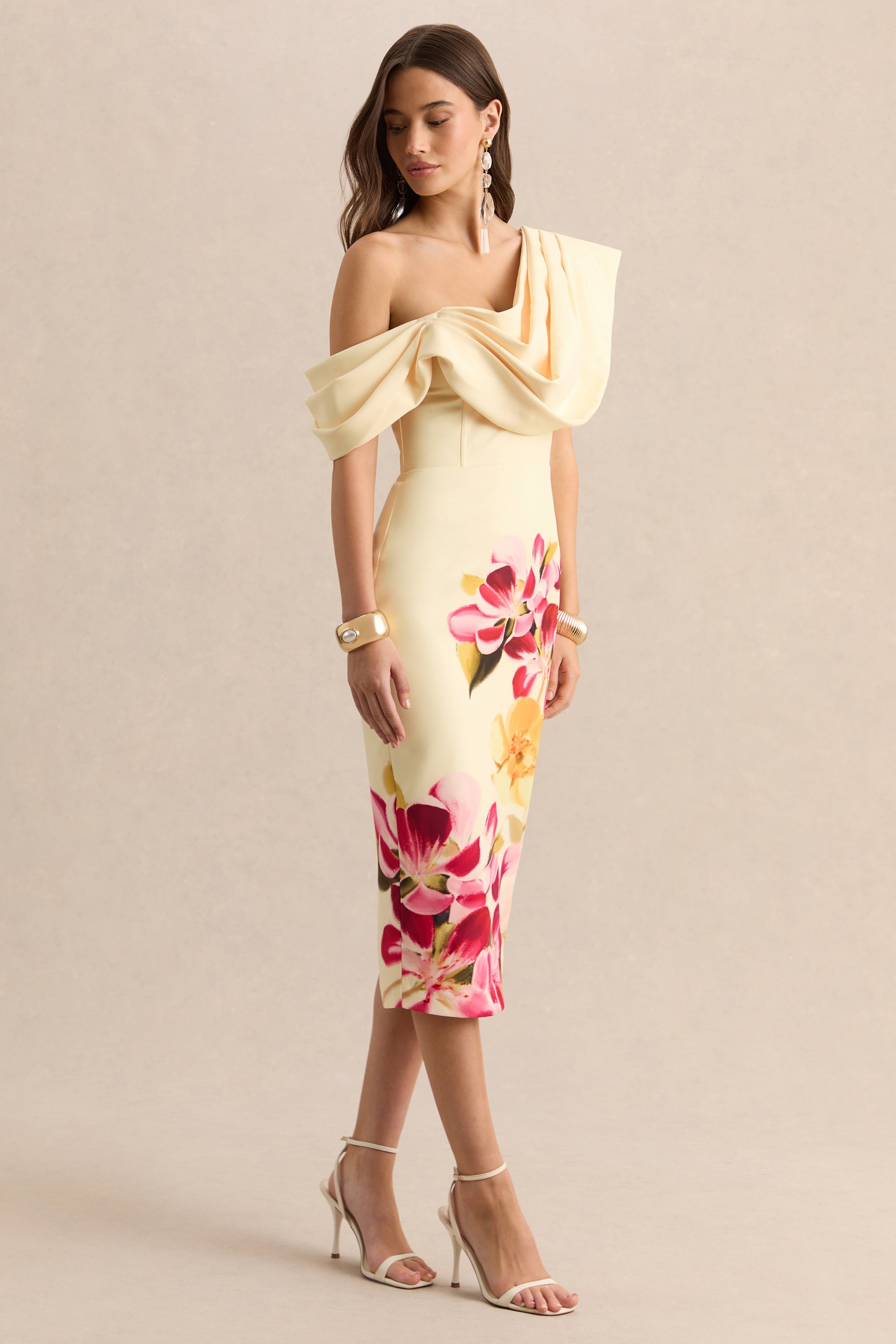 ECM-HR-CL134967283 - Adrina - Hot Pink & Lemon Floral Print Draped One Shoulder Midi Dress 03.jpg