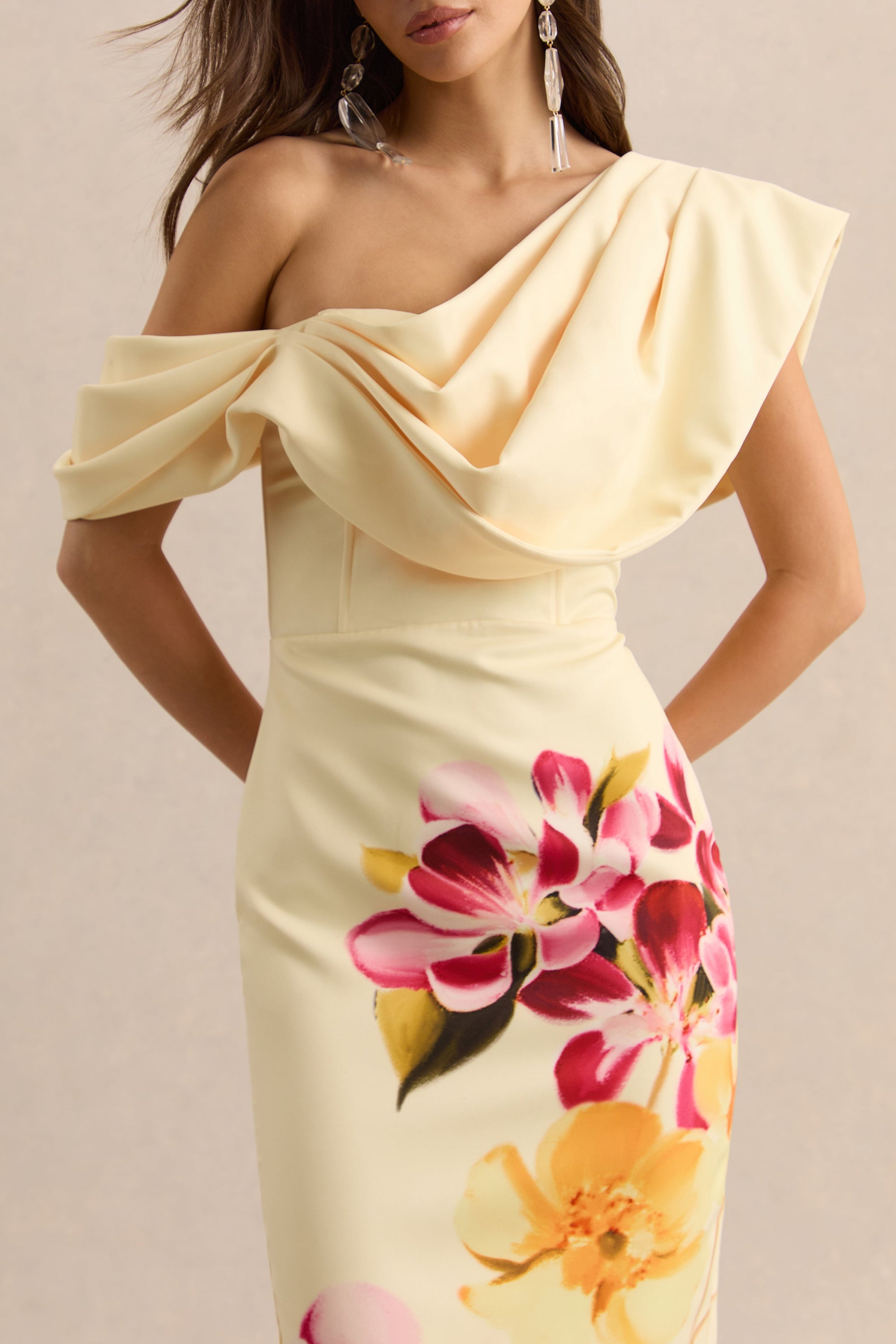 ECM-HR-CL134967283 - Adrina - Hot Pink & Lemon Floral Print Draped One Shoulder Midi Dress 04.jpg