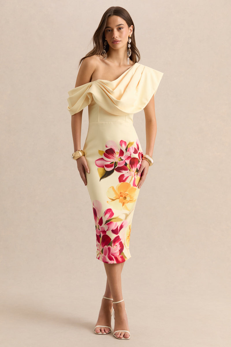 ECMH-HR-CL134967283 - Adrina - Hot Pink & Lemon Floral Print Draped One Shoulder Midi Dress 02.jpg