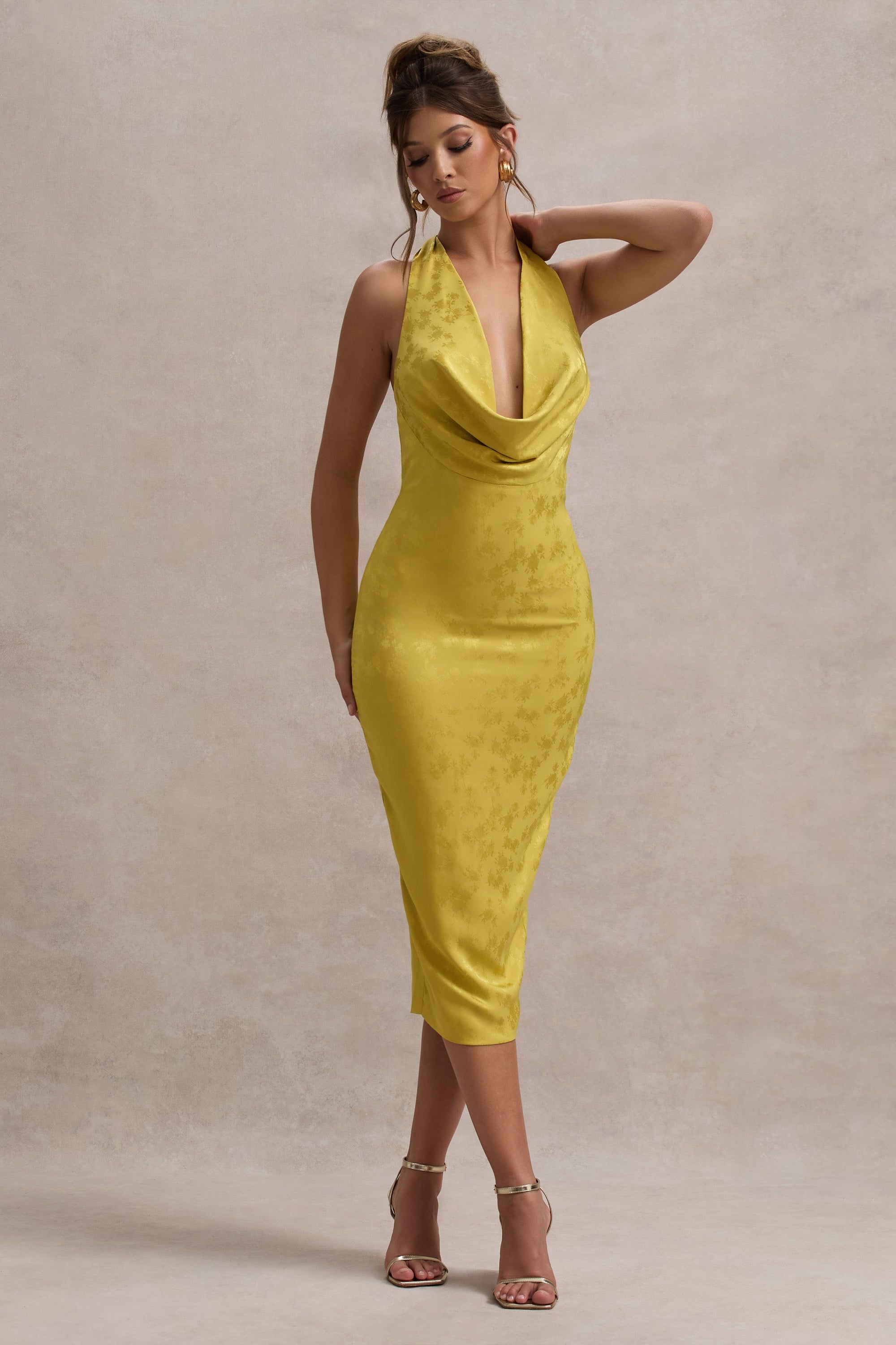 Maciza | Mustard Satin Jacquard Cowl-Neck Midi Dress - Club L 