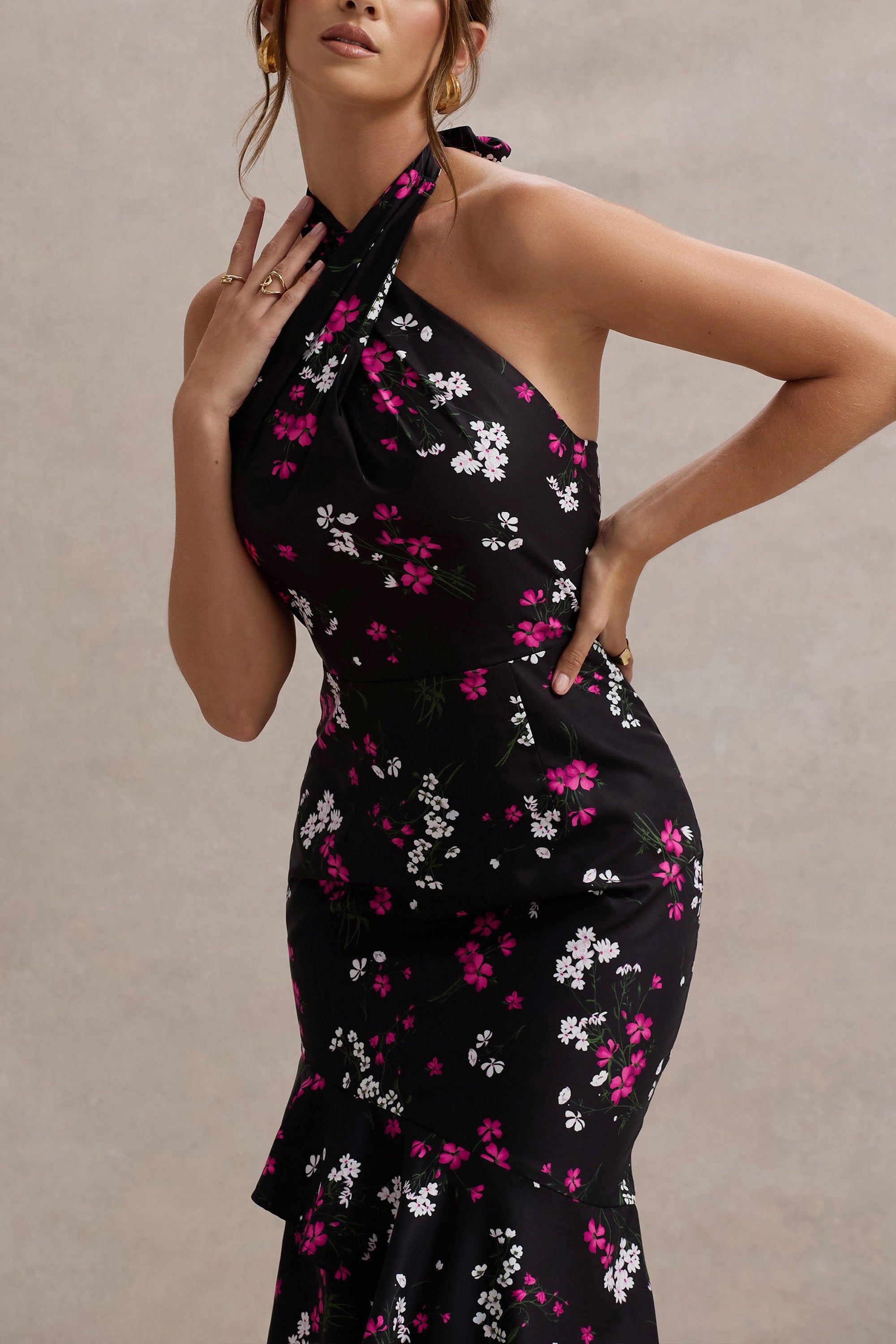 Melodia | Black Ditsy Floral Print Satin Halter-Neck Ruffled Maxi Dress - Club L 