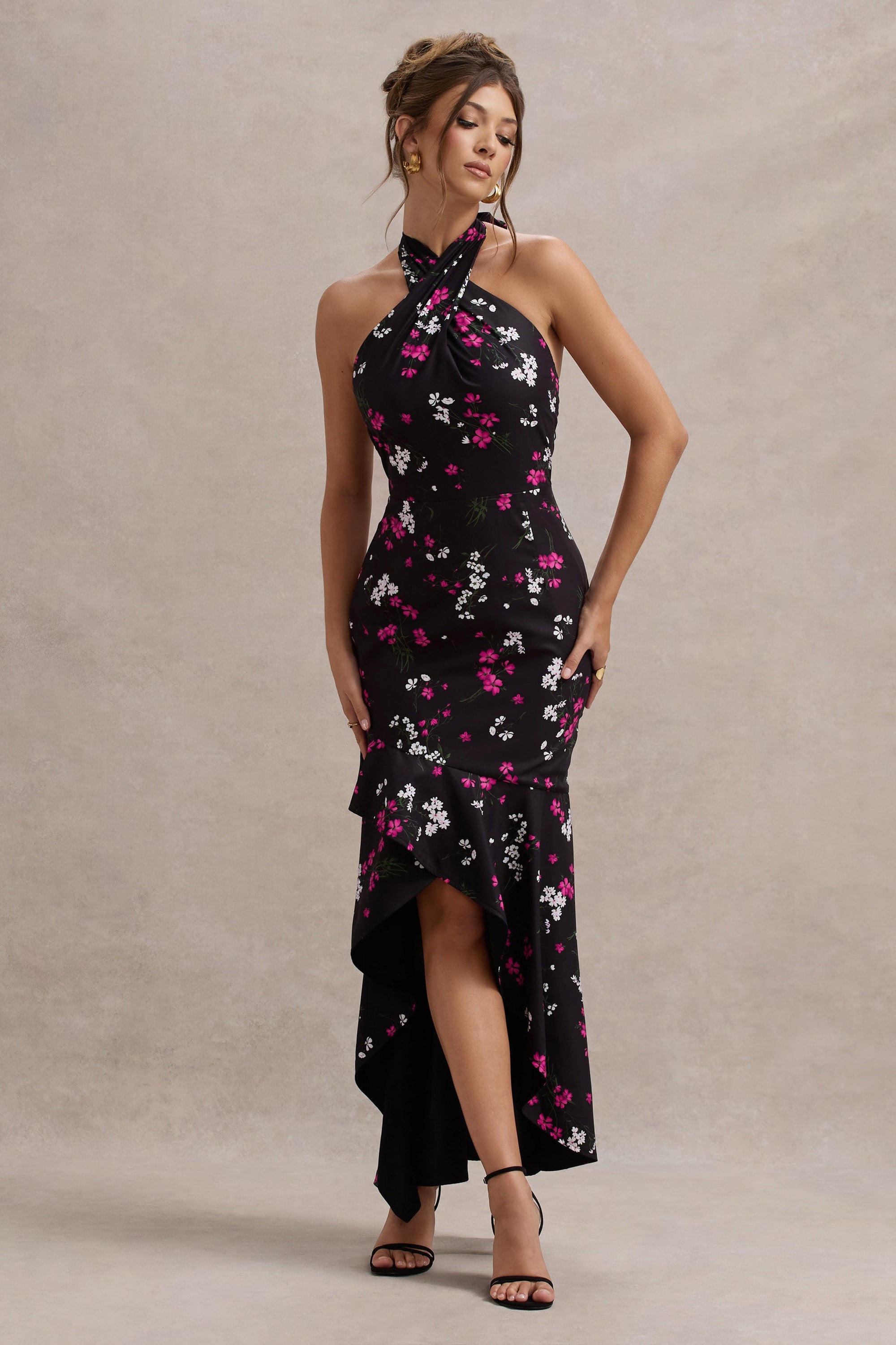 Melodia | Black Ditsy Floral Print Satin Halter-Neck Ruffled Maxi Dress - Club L 